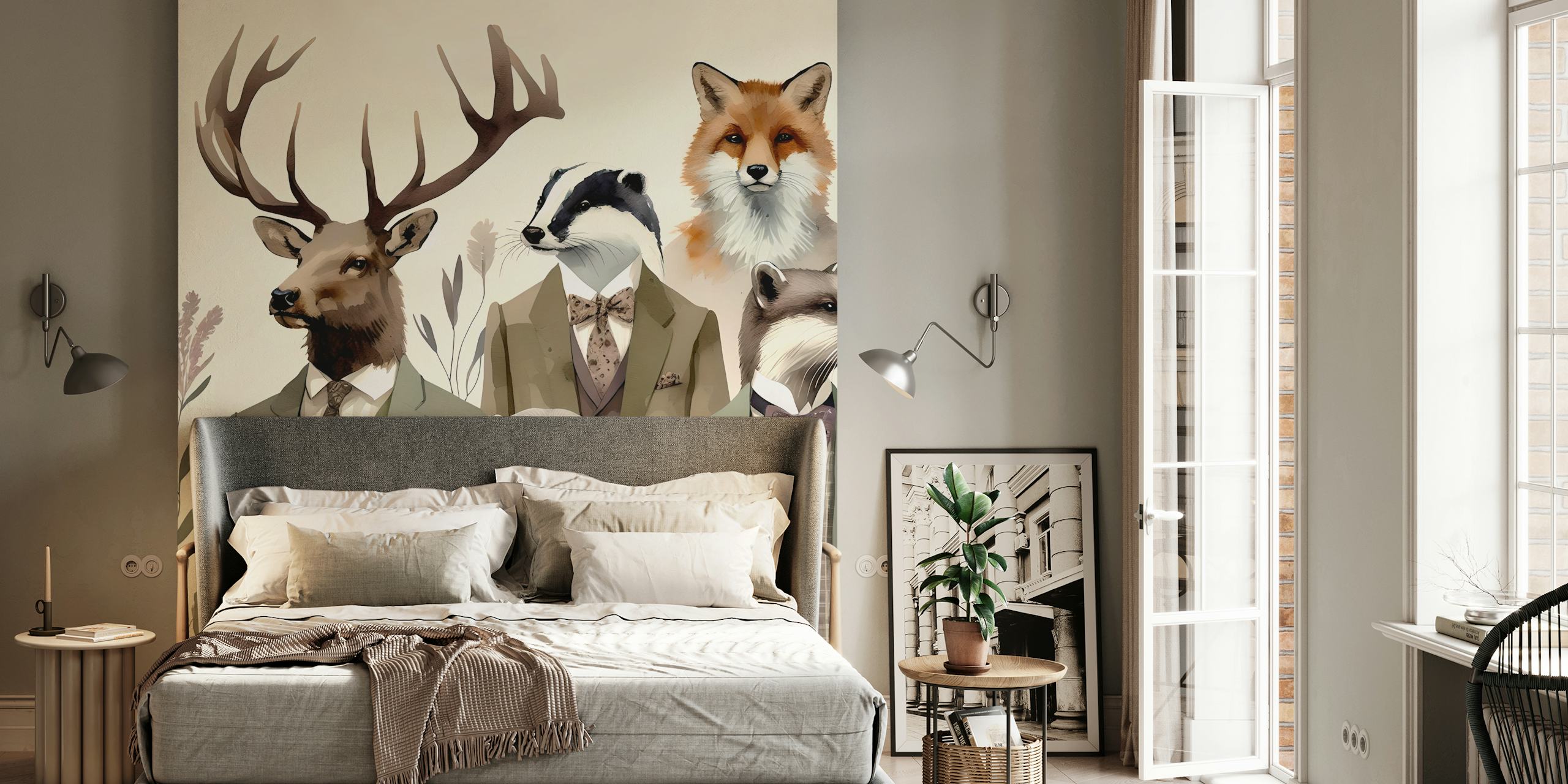 Illustrations of dapper animals in suits with floral details wallpaper