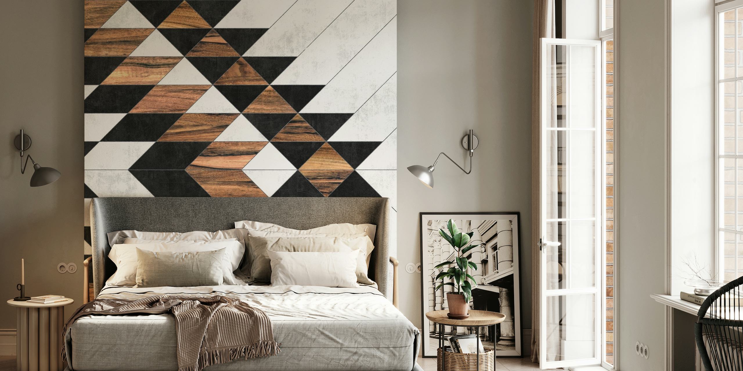 Urban Tribal Pattern No 9 wall mural with black, white, and wood texture triangles