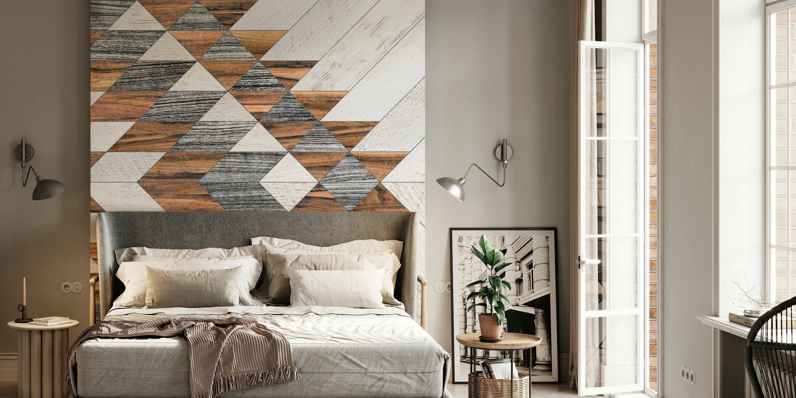 Geometric wood pattern in brown and gray tones wallpaper