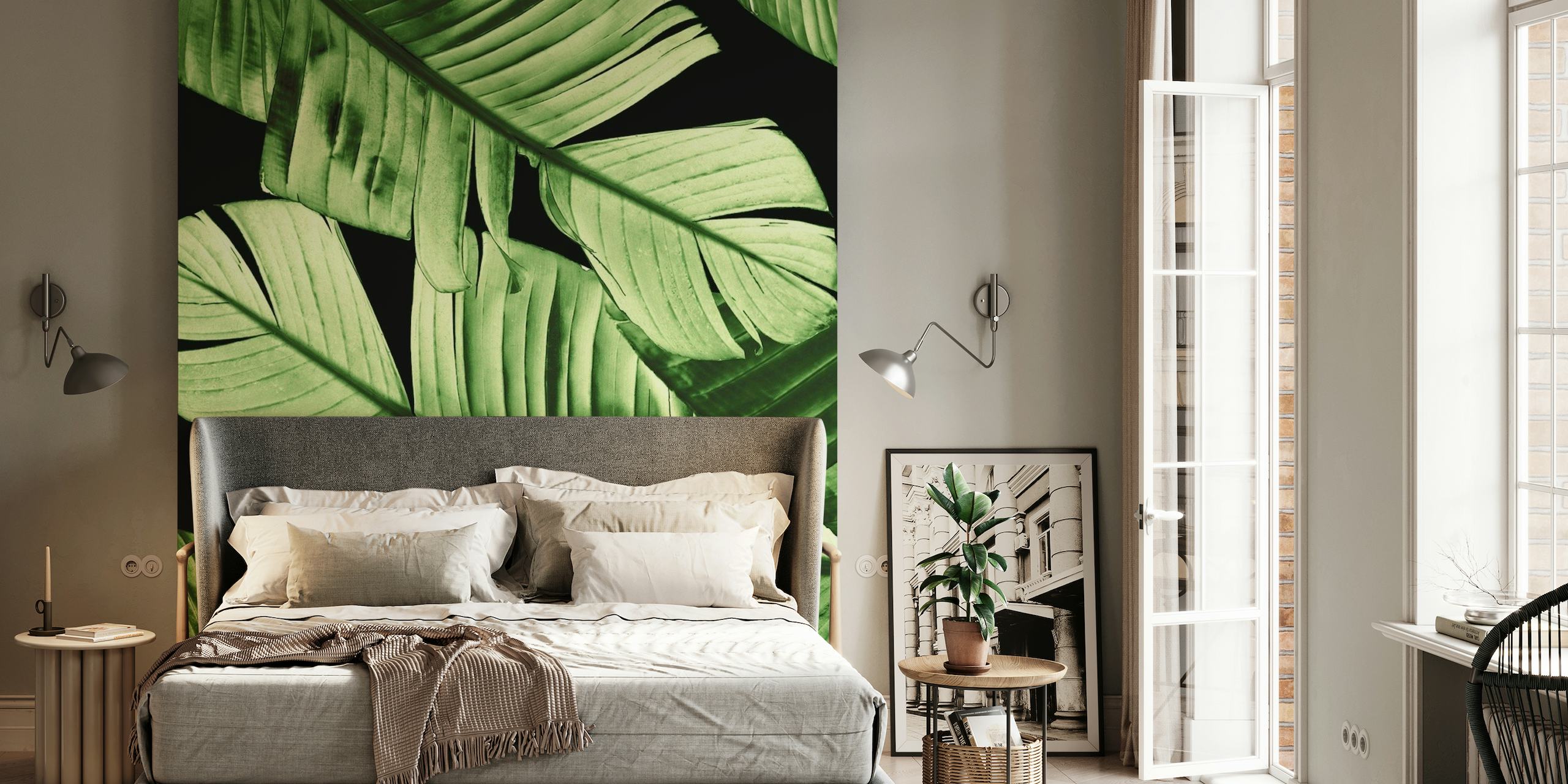 Fotomural vinílico de parede de folhas de bananeira misteriosas e exuberantes em tons verdes escuros