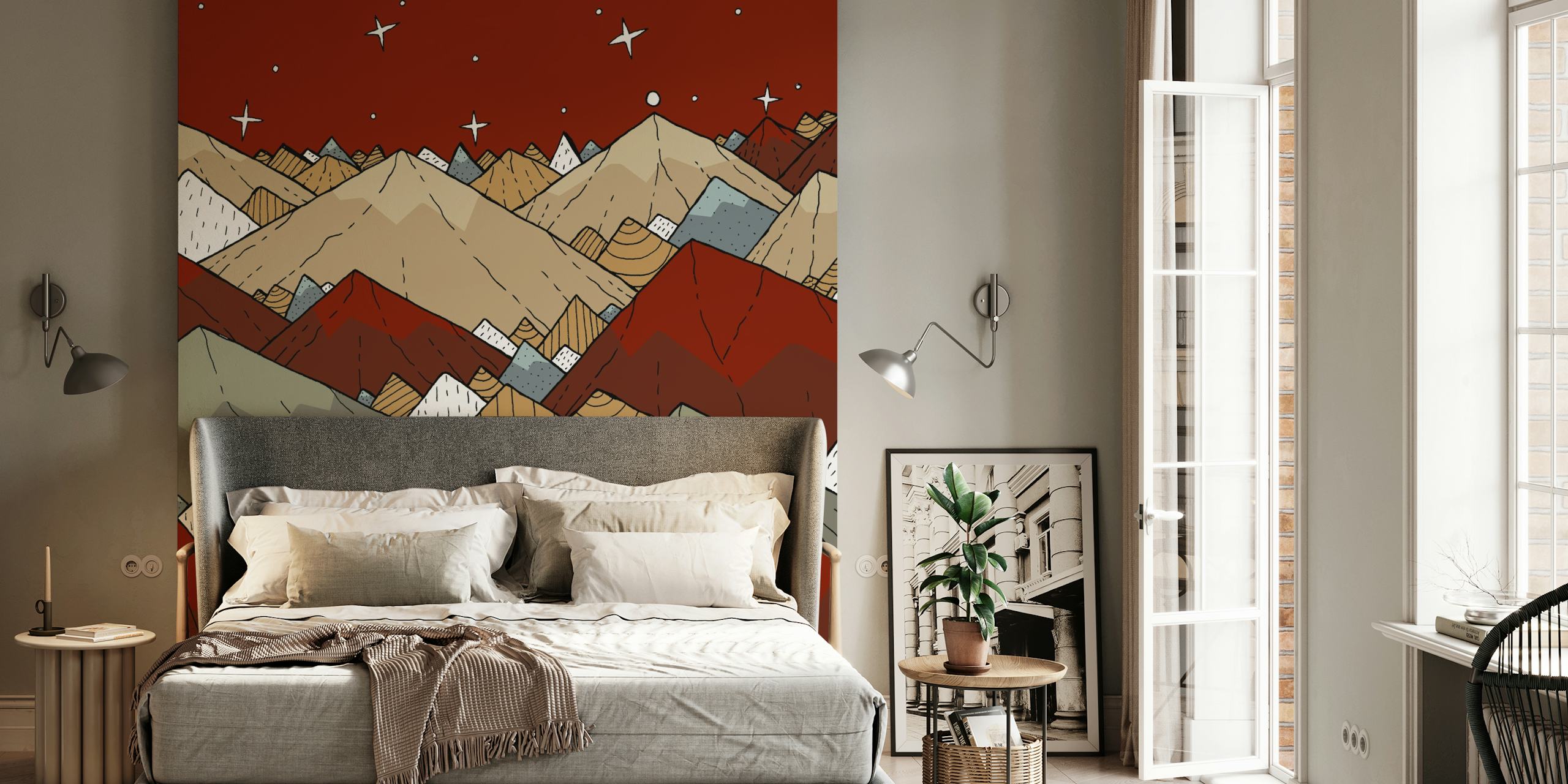 Colorful mountain peaks in red, beige, and white wallpaper