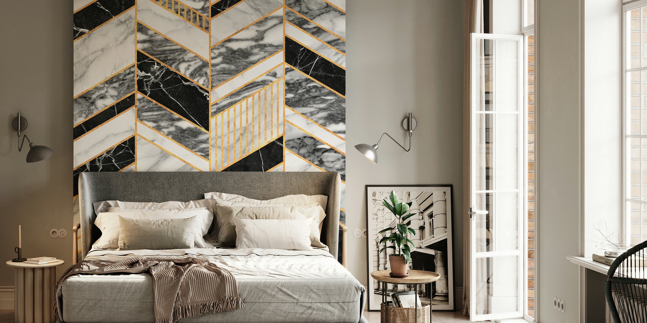 Chevron marble pattern wall mural with gold accents