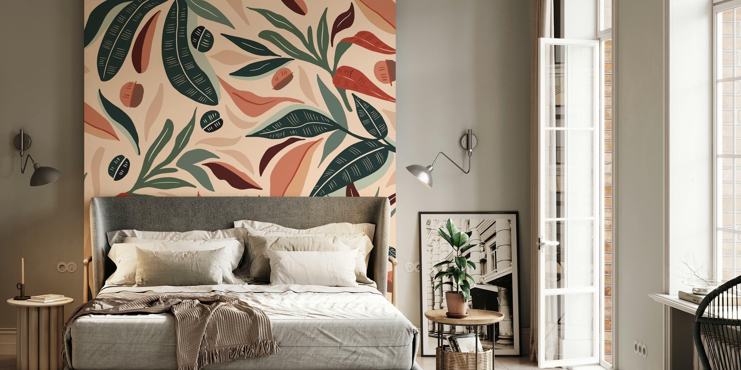 Colorful floral patterns with leaves and earthy tones wallpaper
