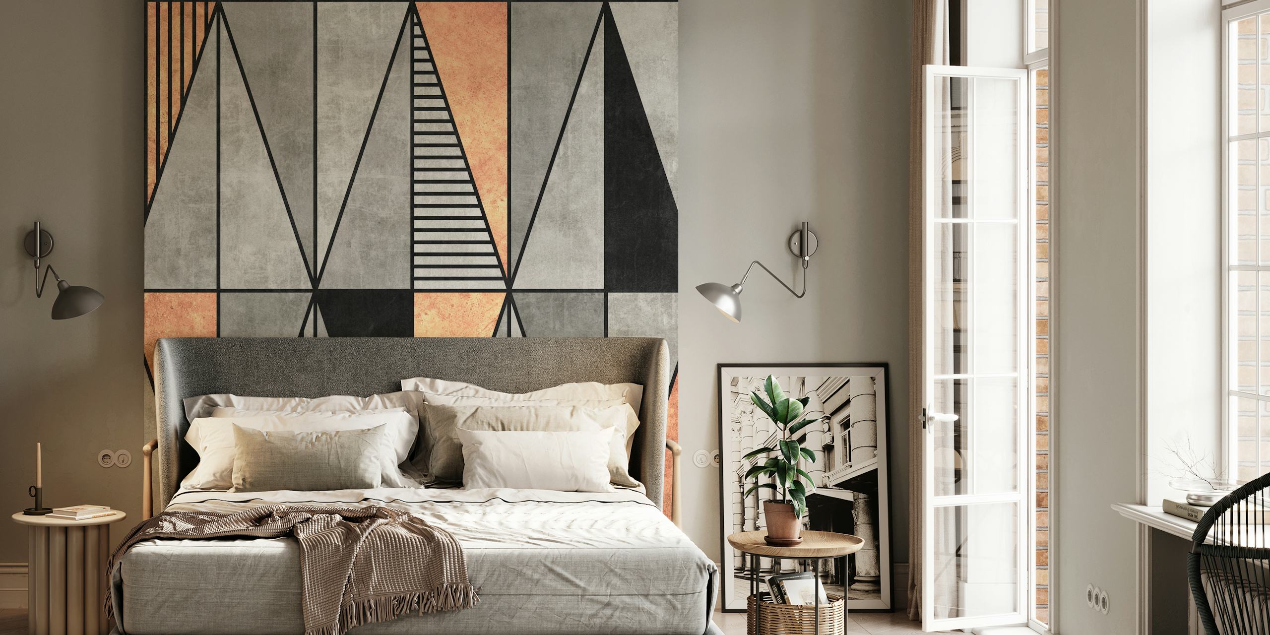 Geometric wallpaper with concrete and copper triangles. Black lines outline the design.