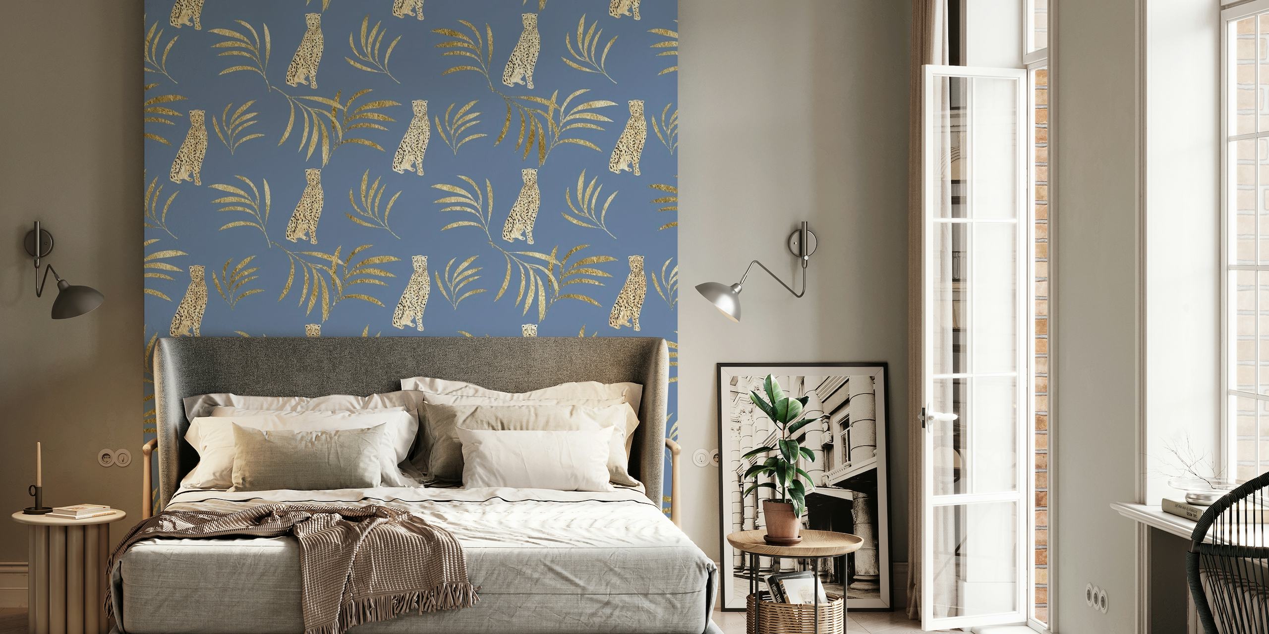 Cheetah and eucalyptus leaves wall mural in shades of gold and green on a deep blue background