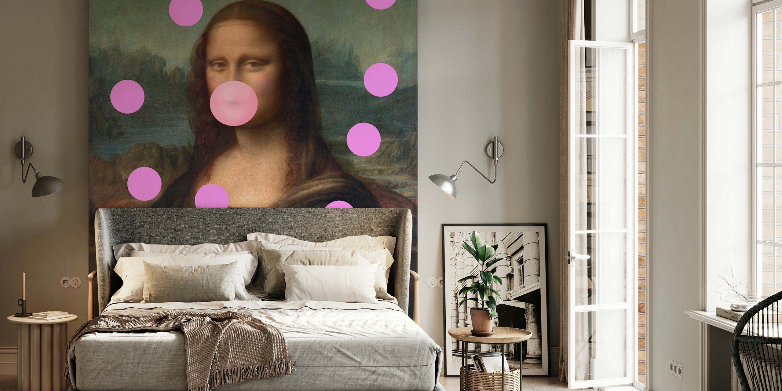 Mona Lisa with pink bubblegum and bubble dots wallpaper