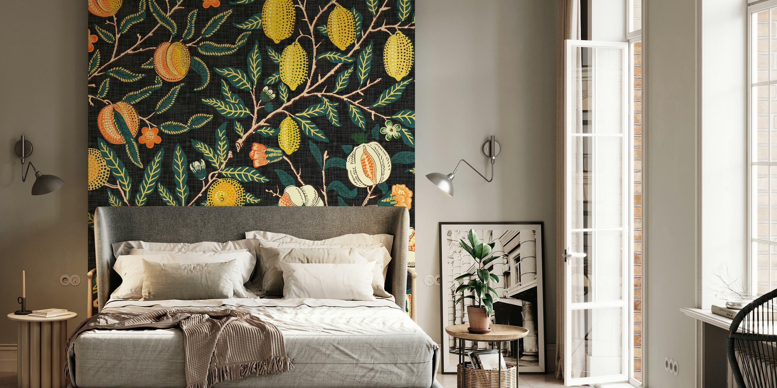 Vibrant floral pattern with pomegranates and blossoms on black wallpaper