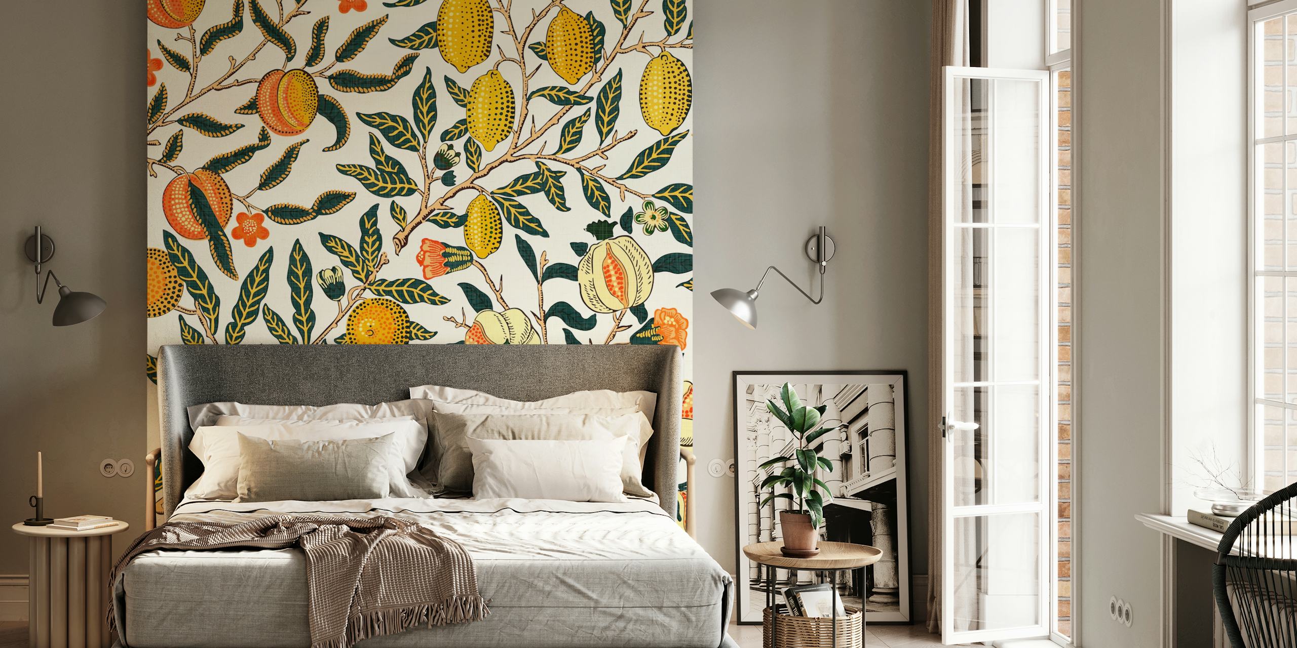 Pomegranate fruit and floral pattern on white wallpaper