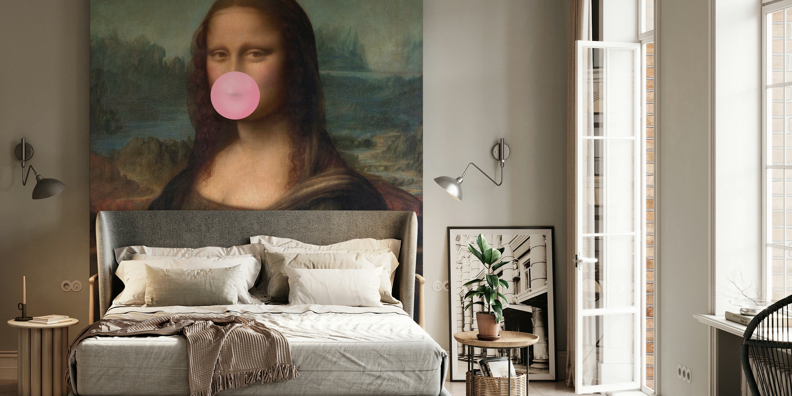 Mona Lisa Iconic Smile Pop Art papel de parede em um cômodo