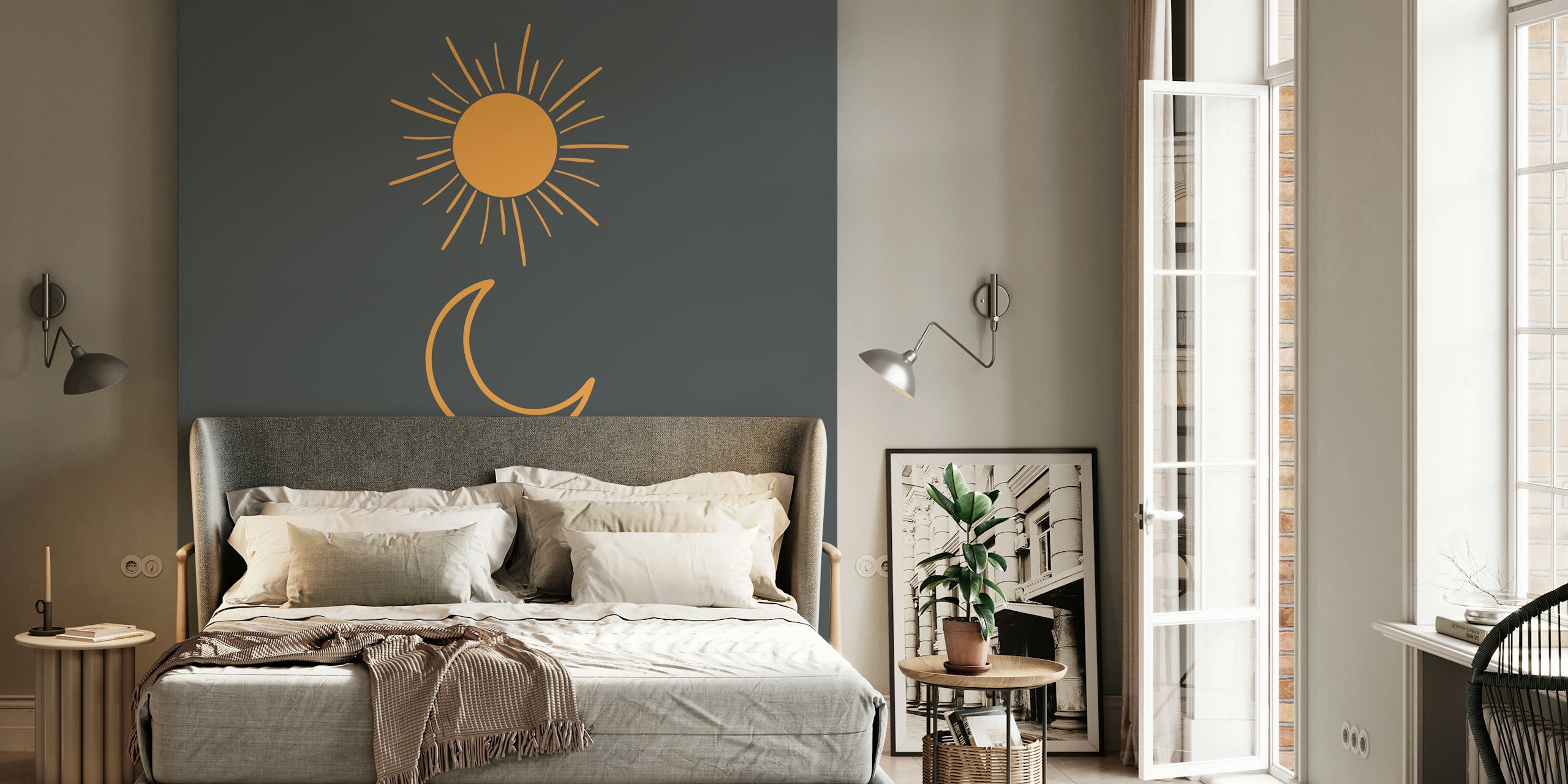 Sun, moon, and stars wall mural in golden hues on a dark background