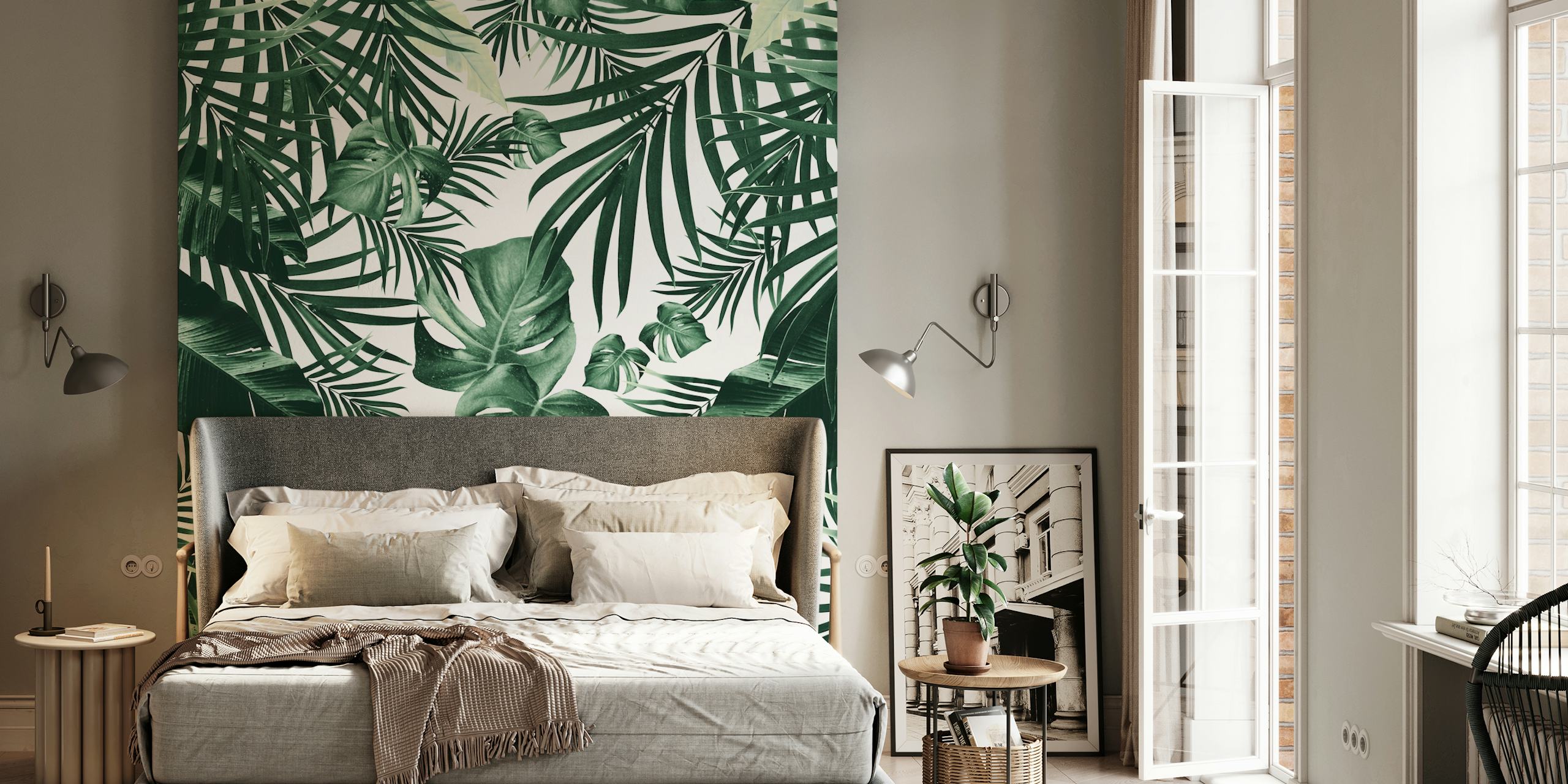 Tropical Jungle Leaves Wall Mural vibrant green leaf patterns on a white background