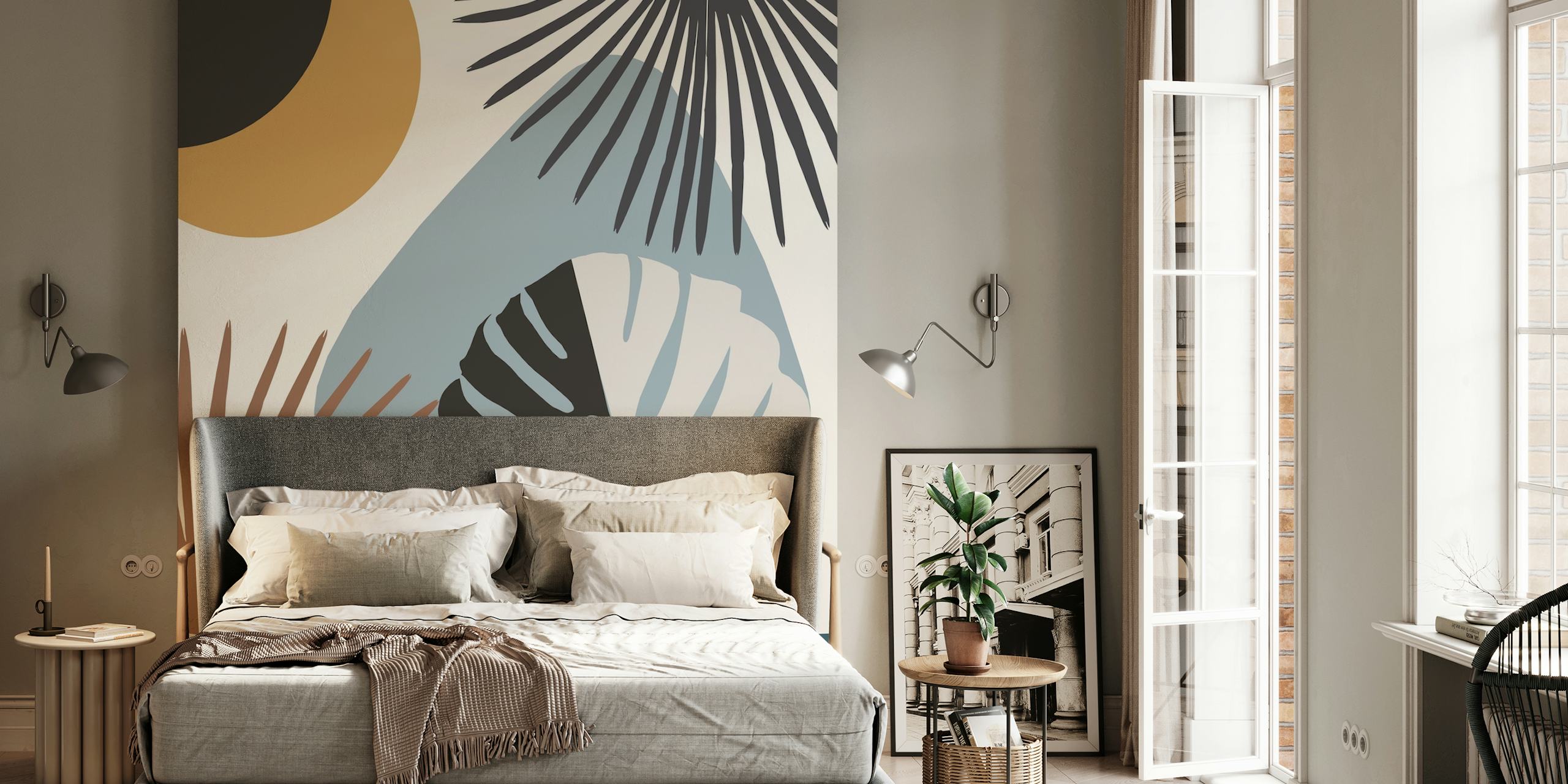 Abstract minimal monstera leaf design in a yin yang composition with earth tones