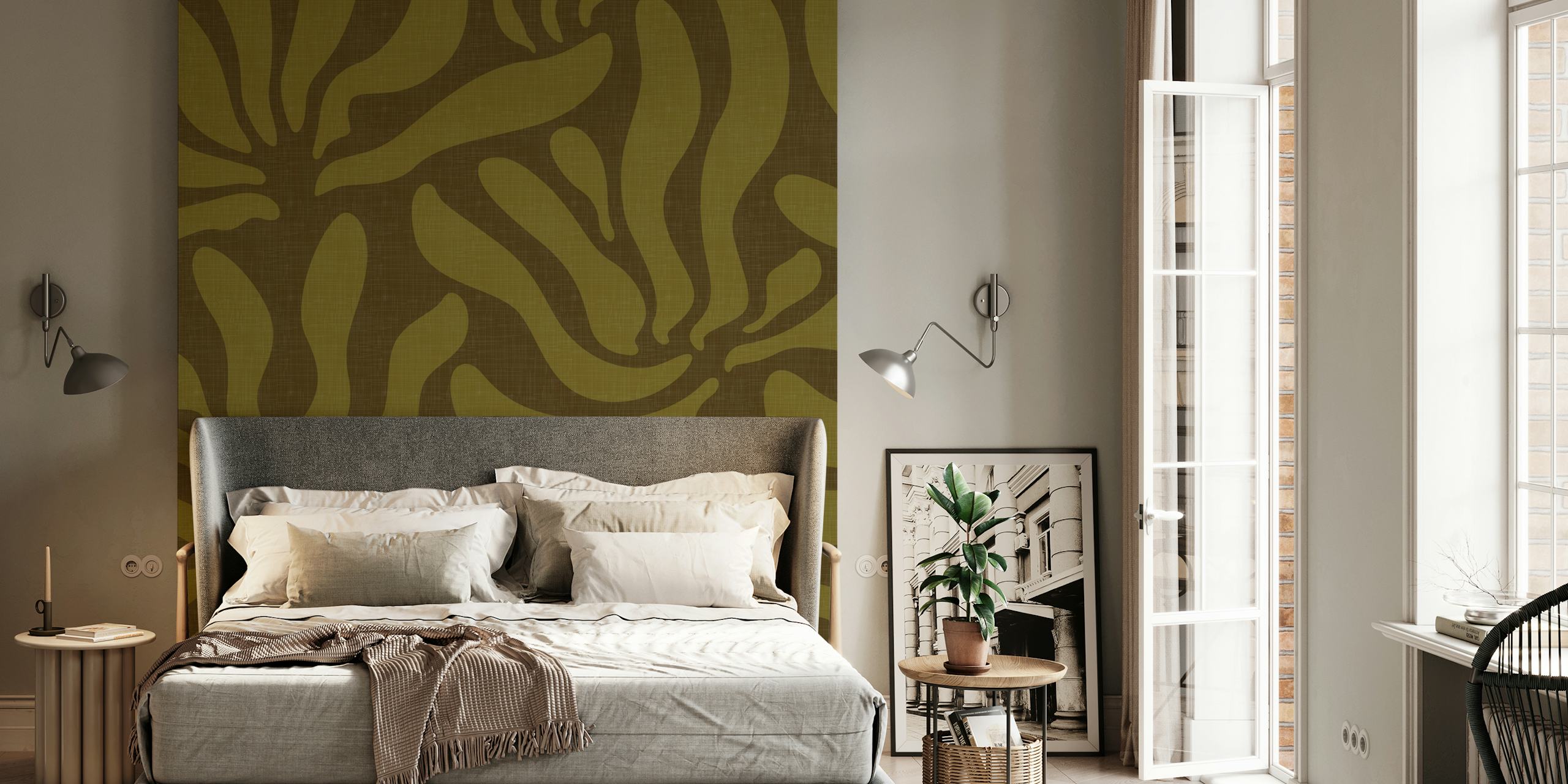 Abstract flowing leaves pattern in khaki color wallpaper