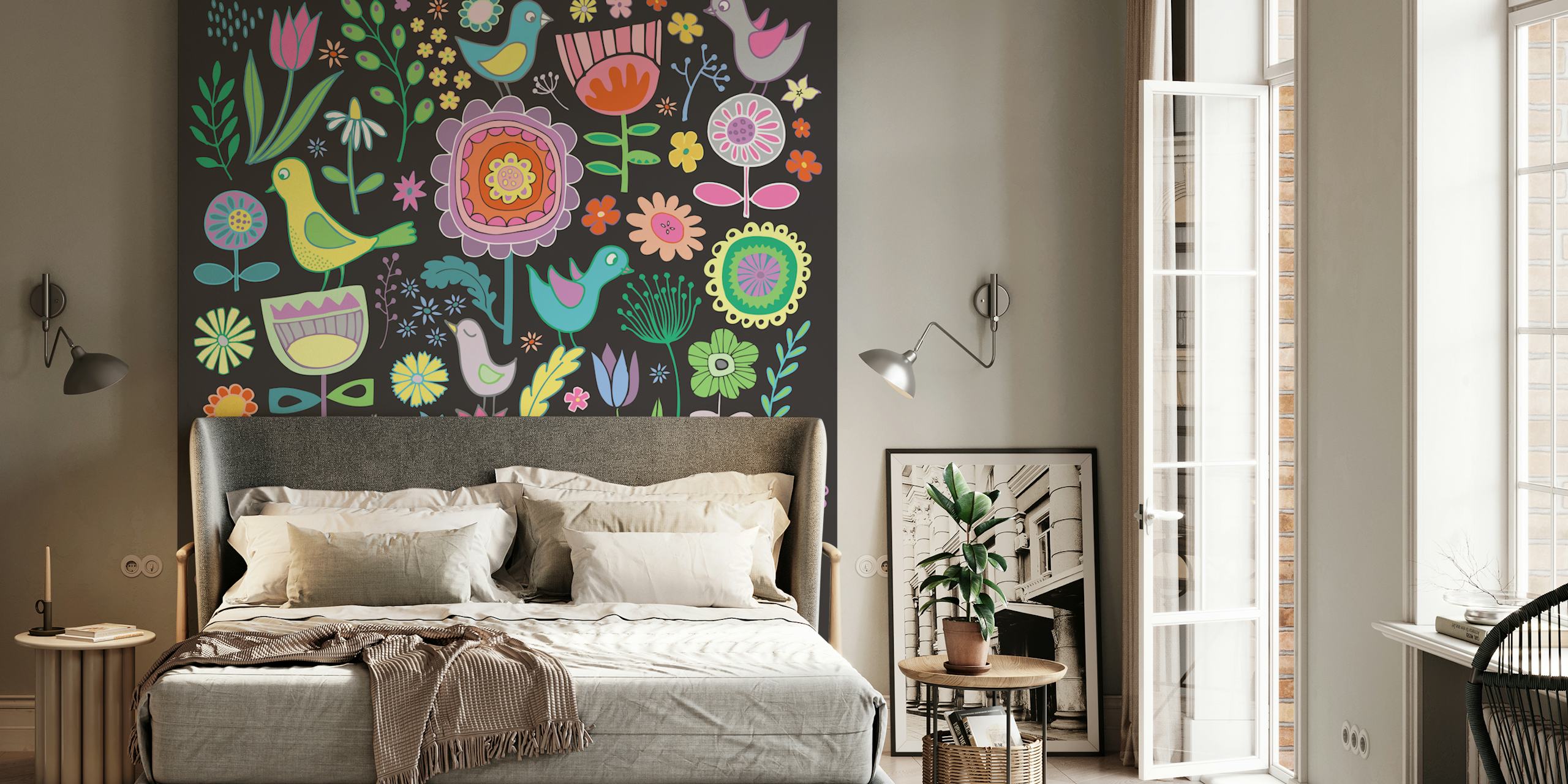 Farverige Birds and Blooms mural on black wallpaper