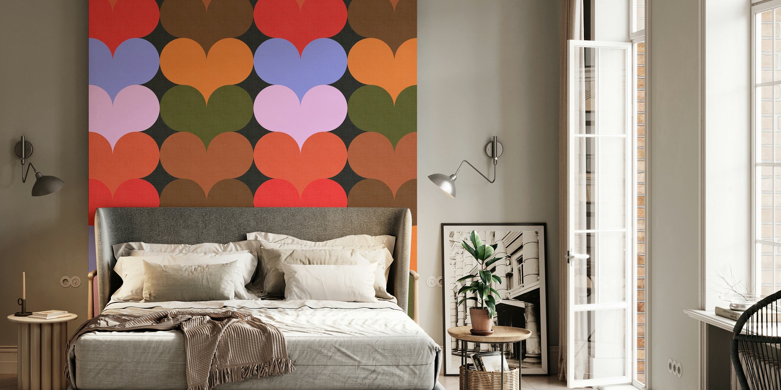 Kleurrijke Retro Heart Shapes Groovy Decor WM-behang in een kamer