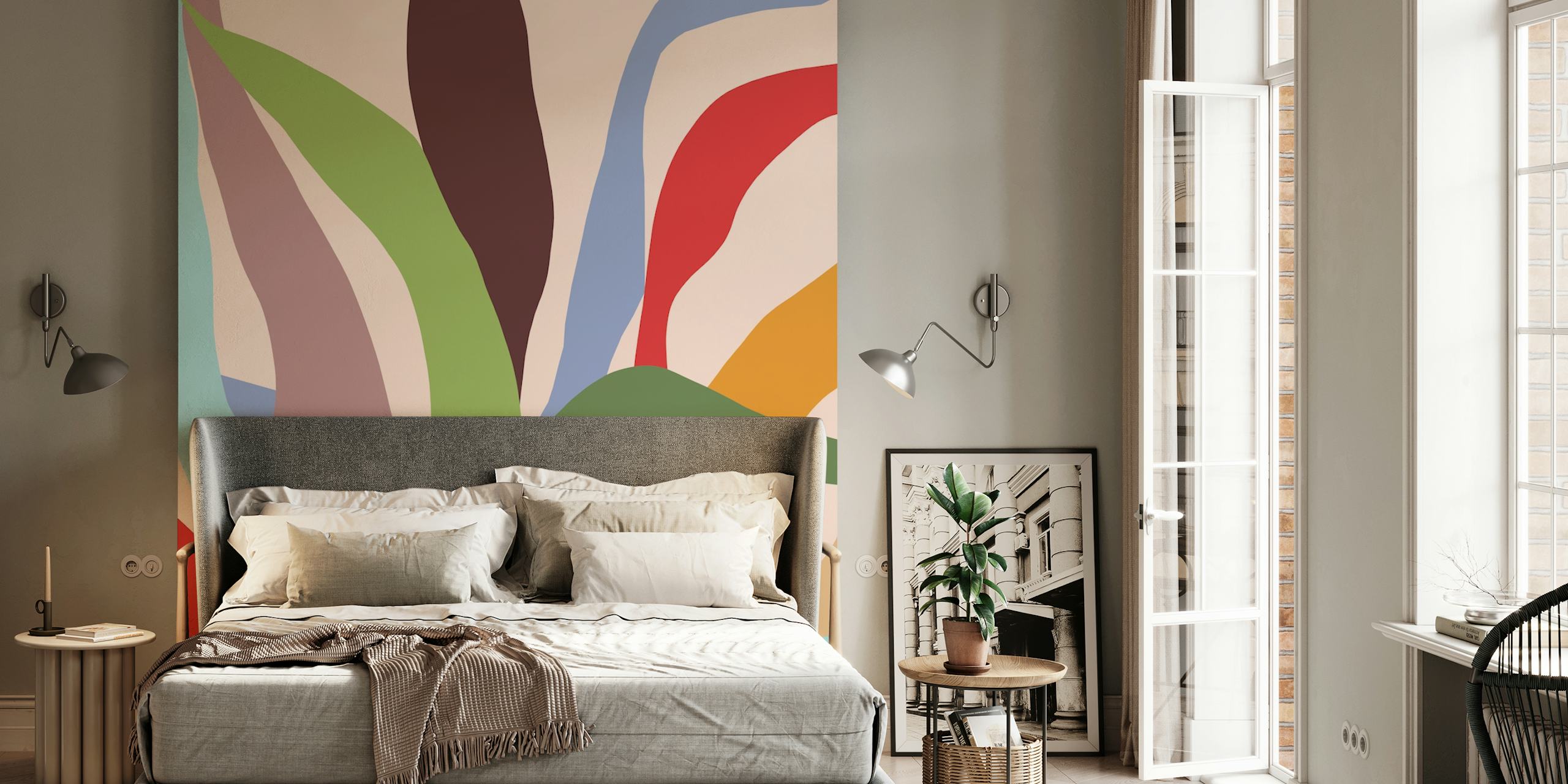 Kleurrijk abstract bladeren patroon in verschillende tinten op behang