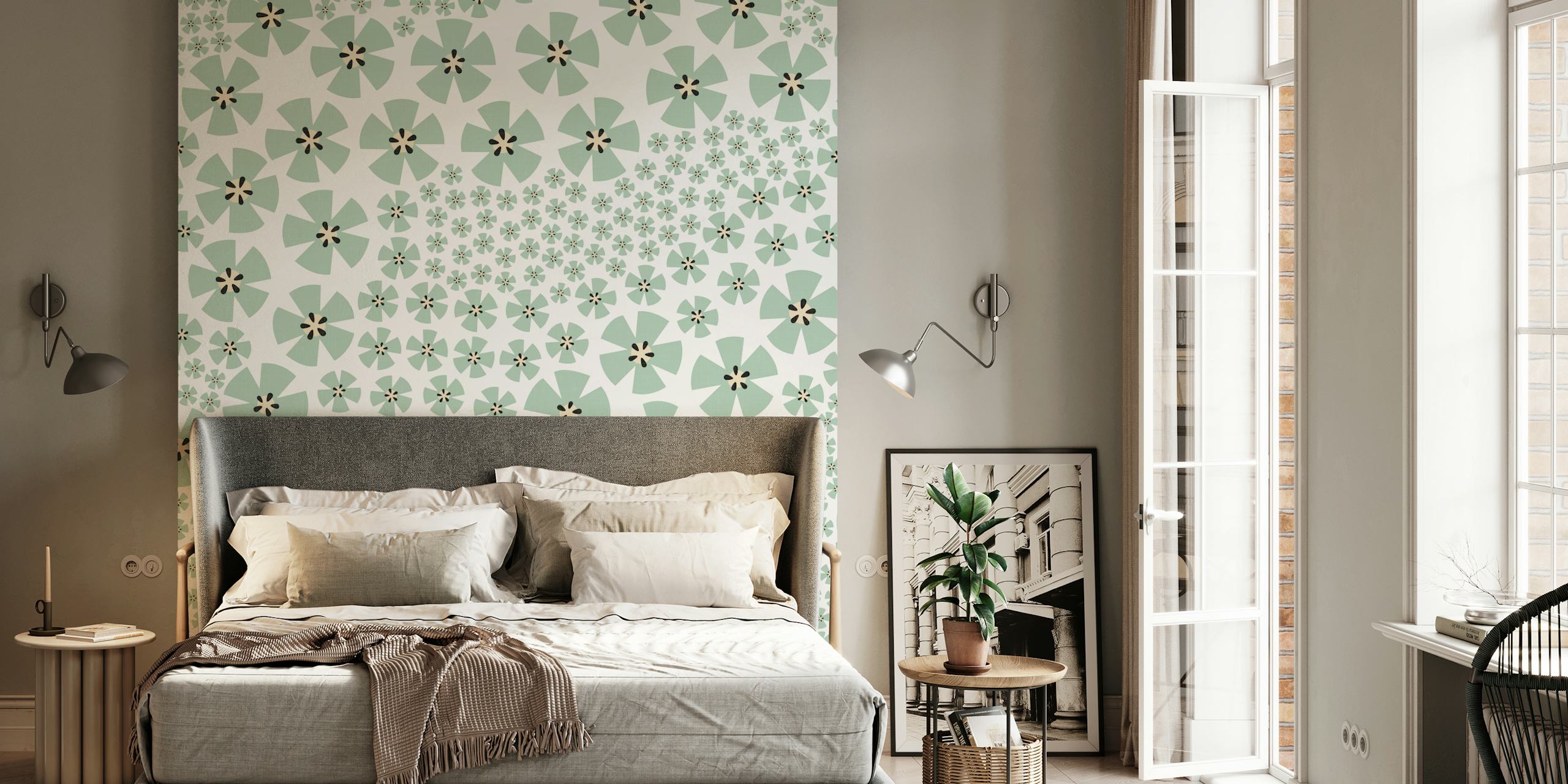 Sage green floral wallpaper with black center flowers and small white accents