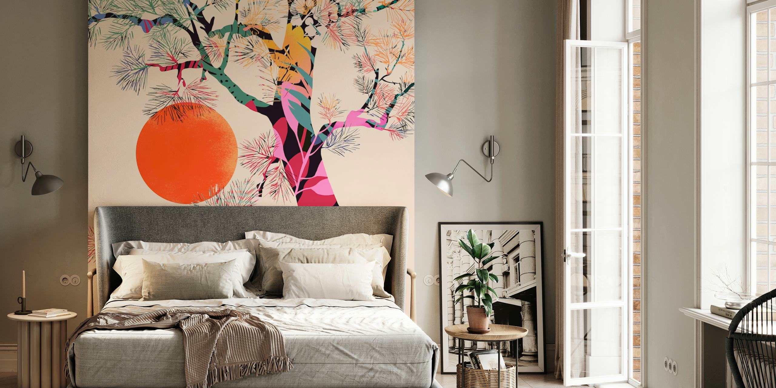 Kleurige bloemen met een grote oranje zon op beige achtergrond, Japanse stijl wallpaper.