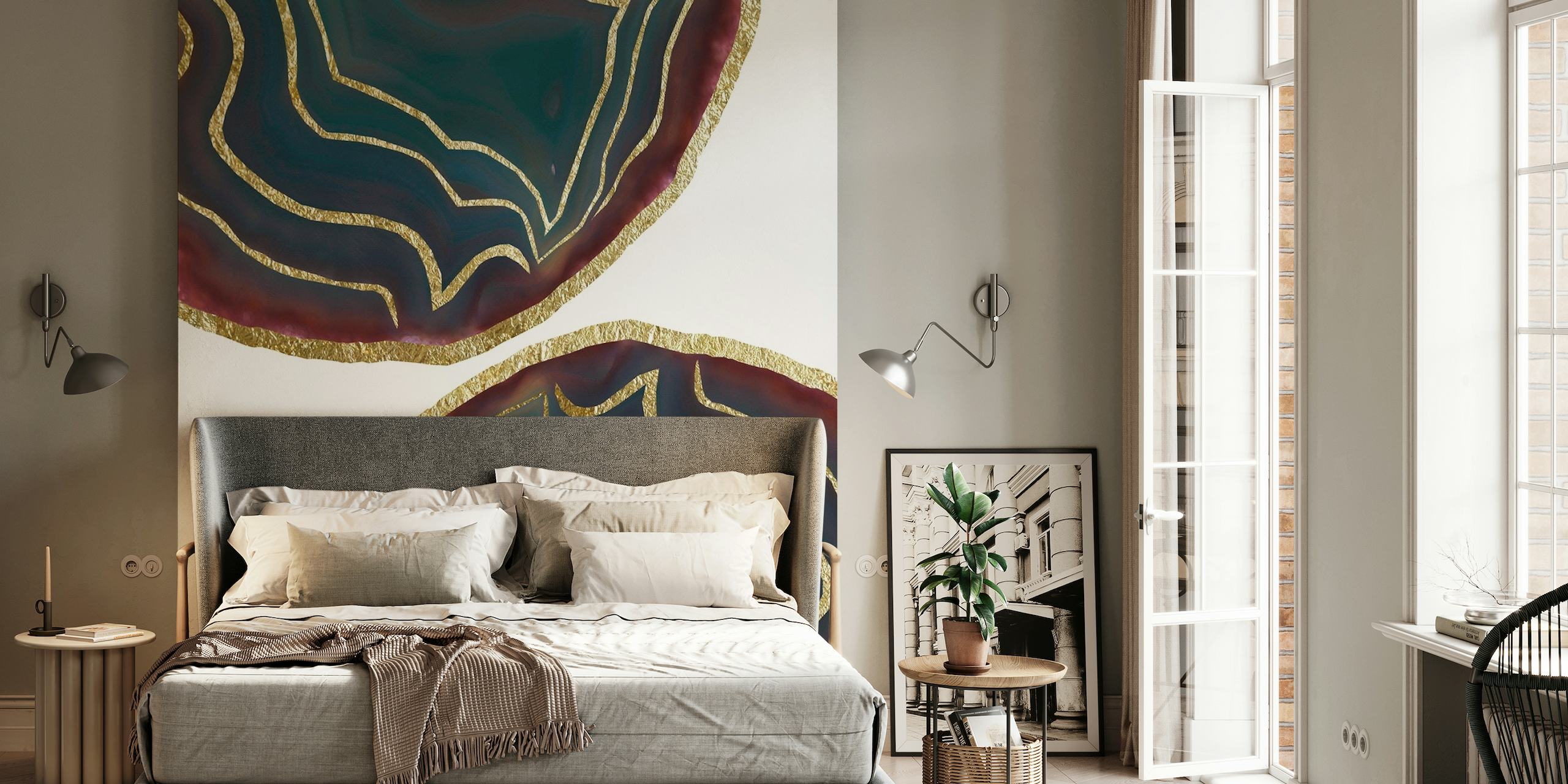 Teal and red agate pattern with gold accents wall mural