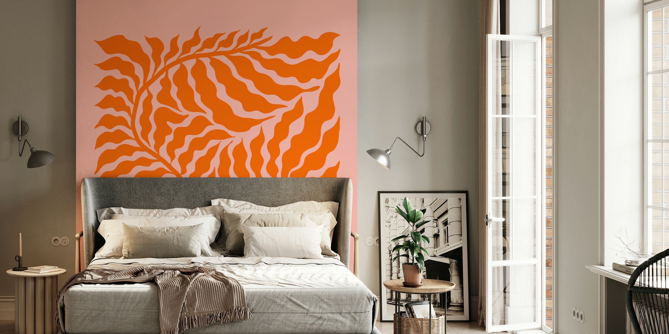 Tapeta Pink Orange Leaf Art v pokoji