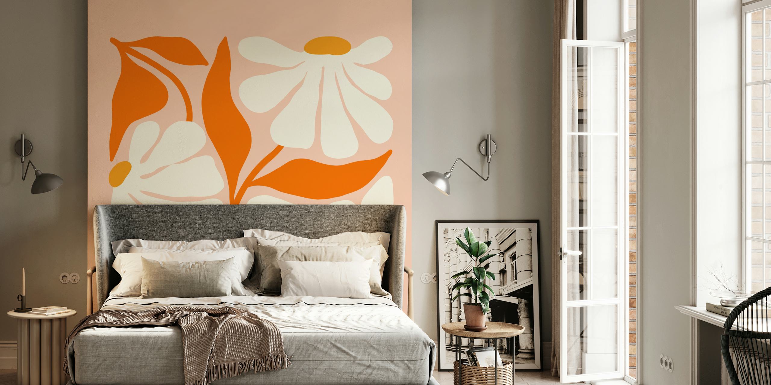 Bold daisy blooms with orange flowers and green leaves on soft peach background wallpaper