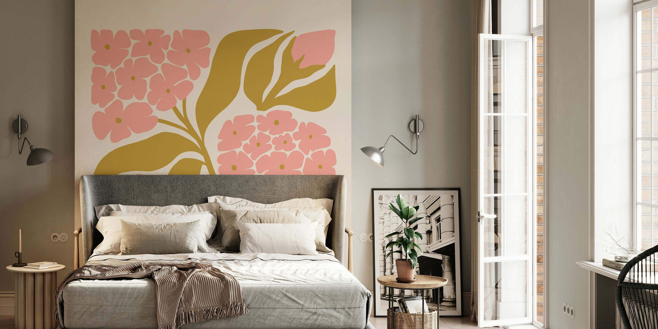 Pink floral patterns with green leaves wallpaper