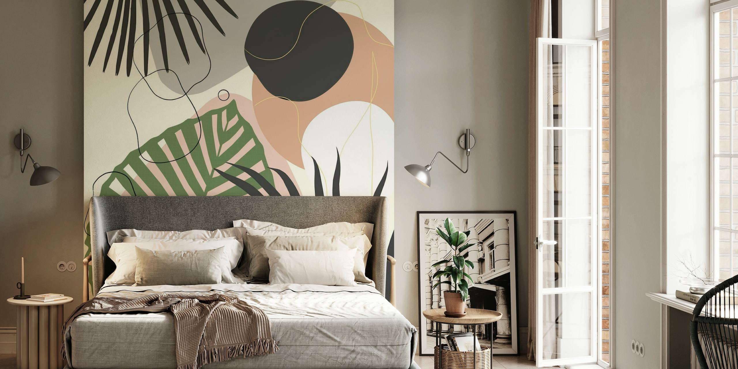 Stylized illustration of jungle leaves in muted earth tones for wall mural