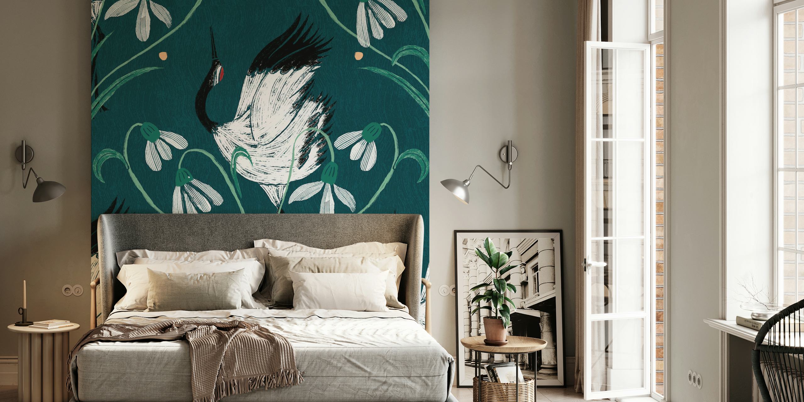 Cranes and floral wallpaper in a room