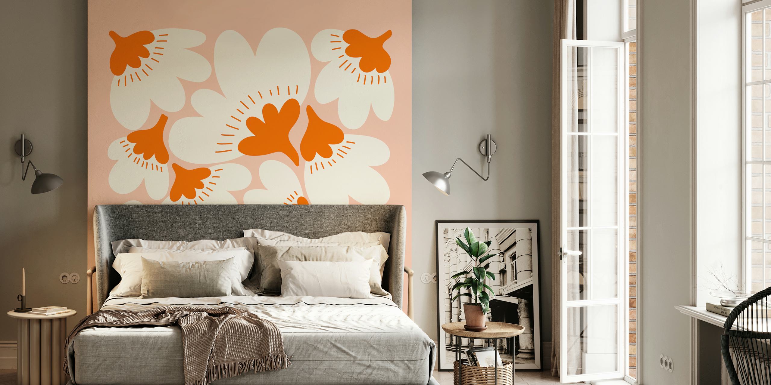 Orange and white floral pattern wallpaper