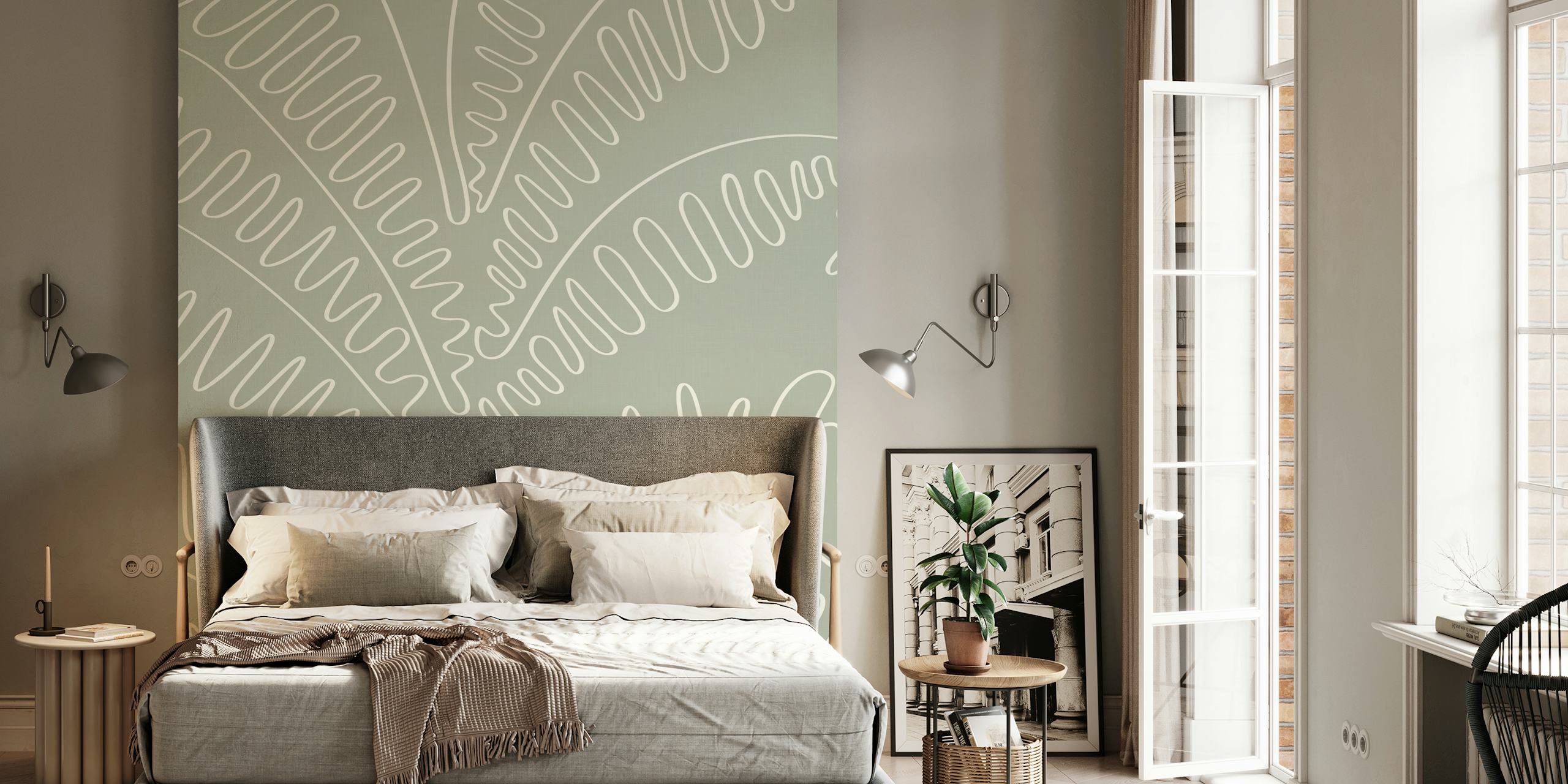 Line Art Palm Leaves wallpaper huoneasetelmassa