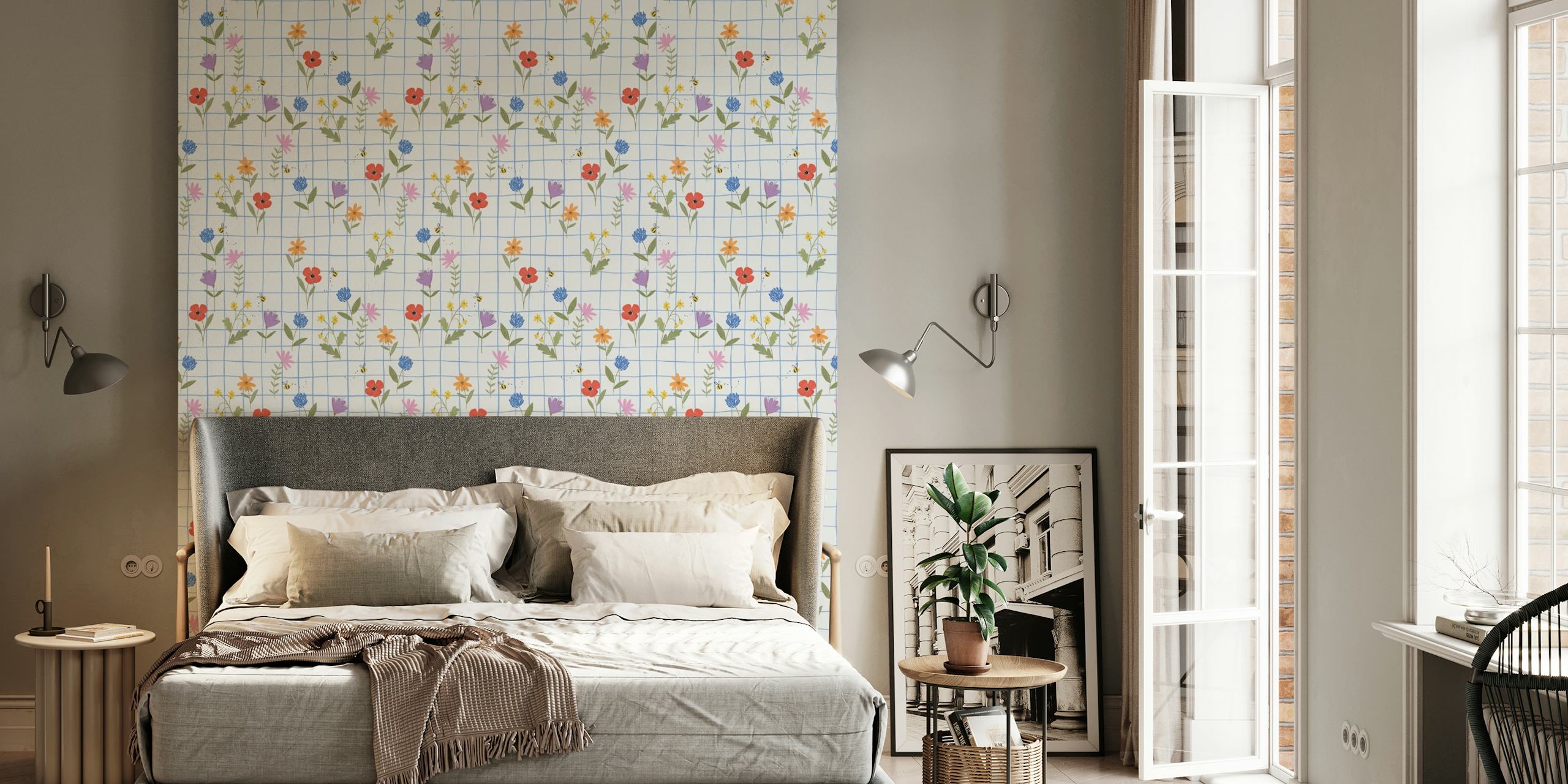 Wildflower pattern on checkered background in pastel colors wallpaper
