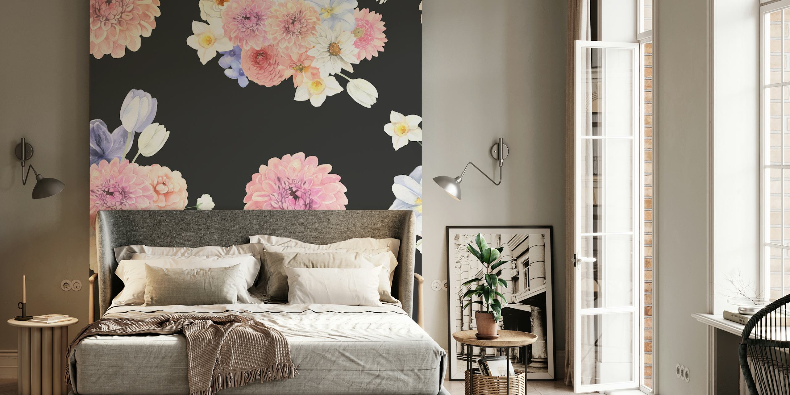 Hand-painted floral wallpaper featuring pink and pastel flowers on black background.