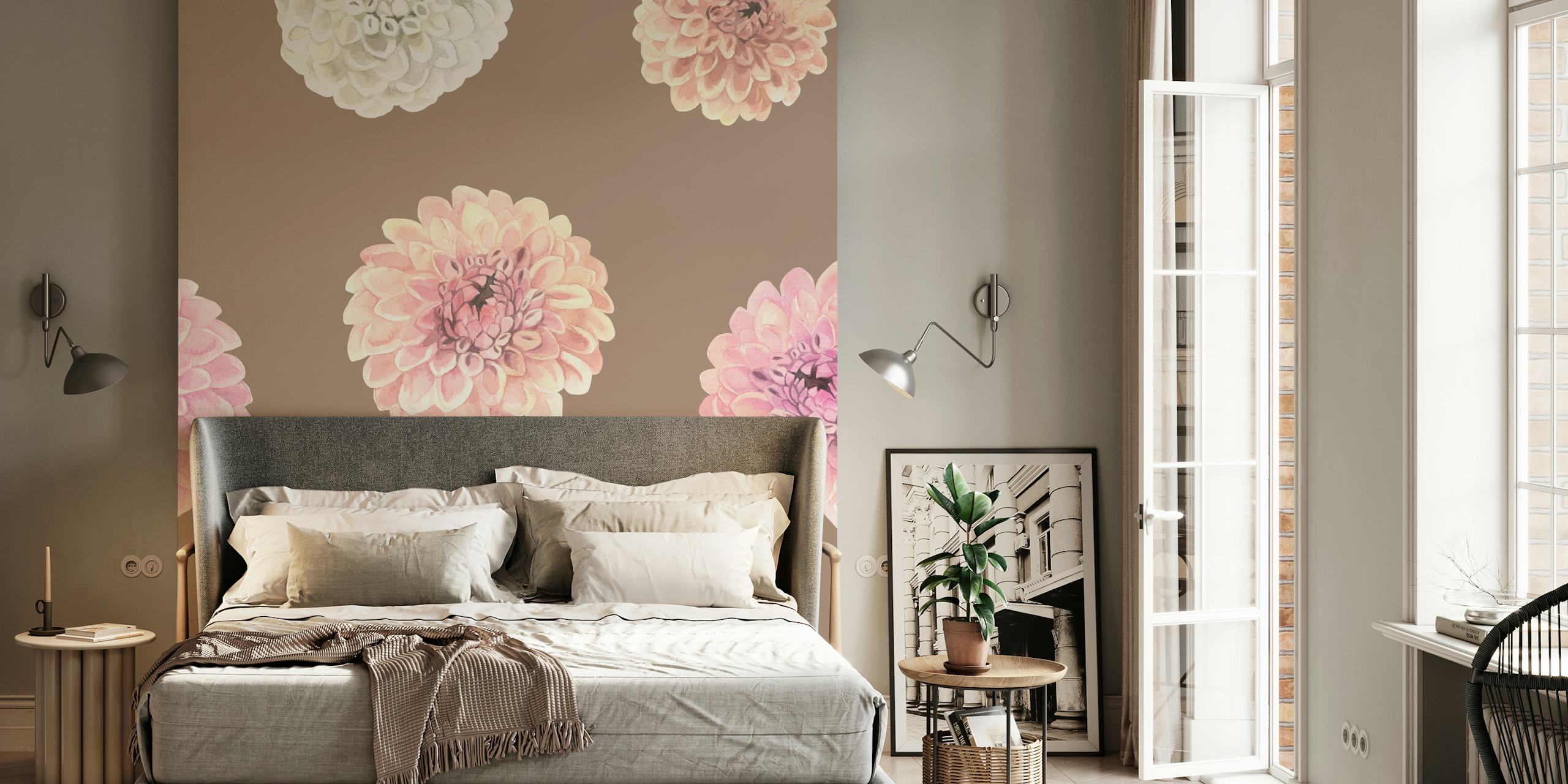 Watercolor dahlias in pink and white on brown wallpaper