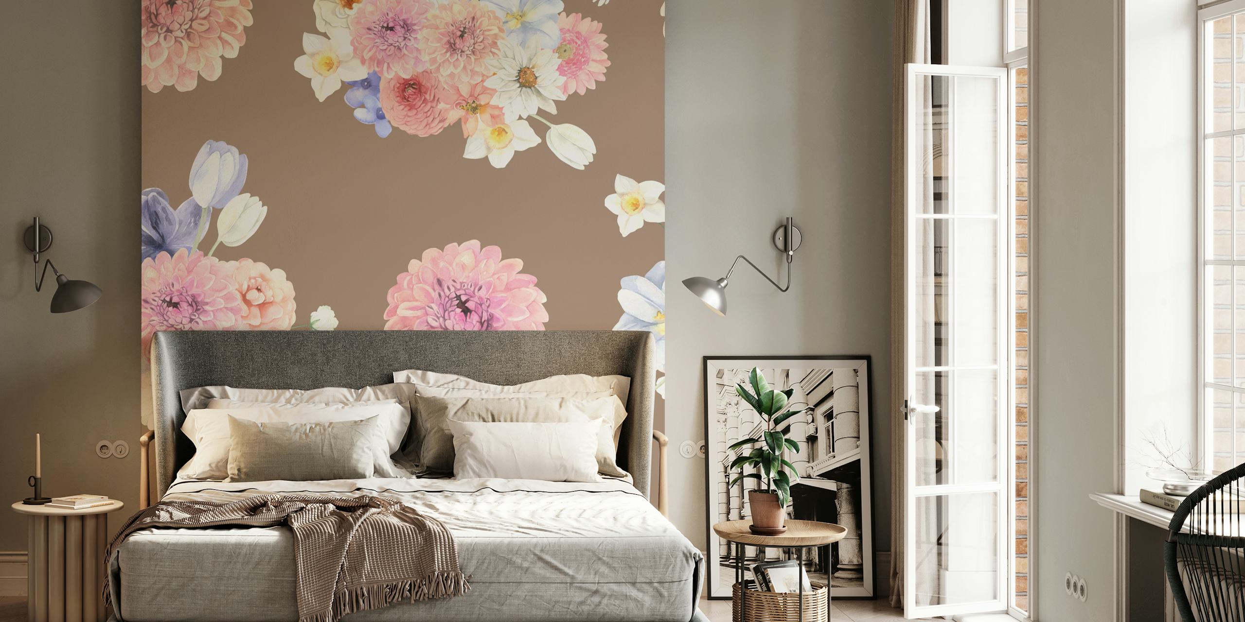 Pink and purple floral wallpaper featuring dahlias and wildflowers on brown background