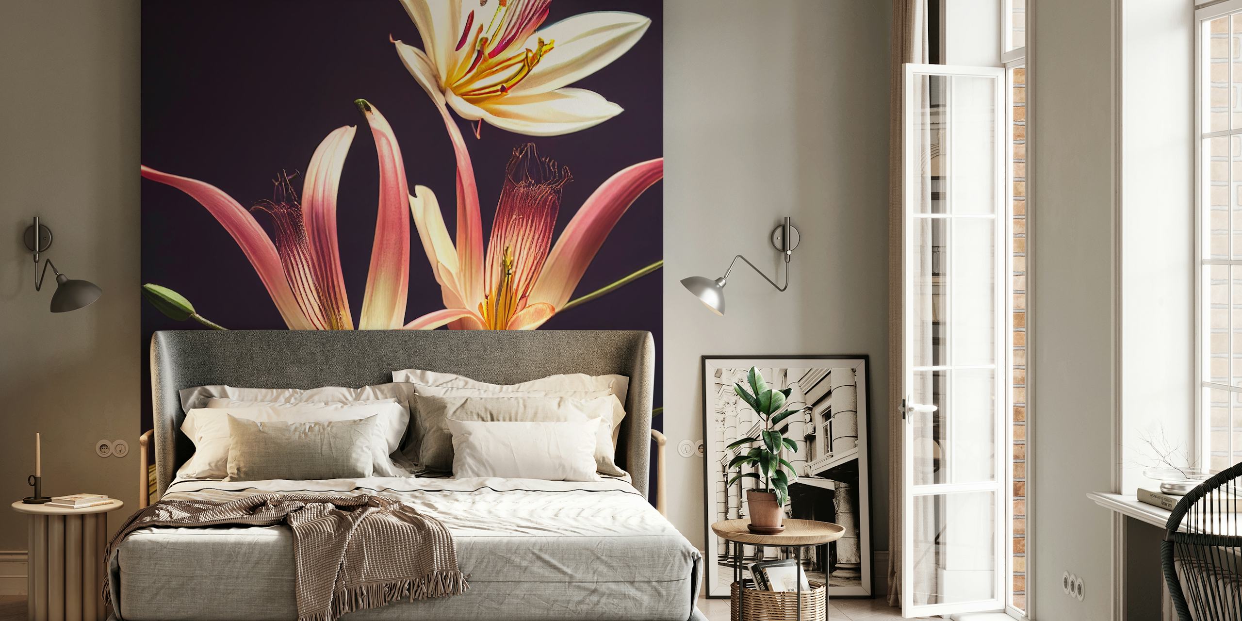 Elegant pink and cream lily blooms with green leaves wallpaper