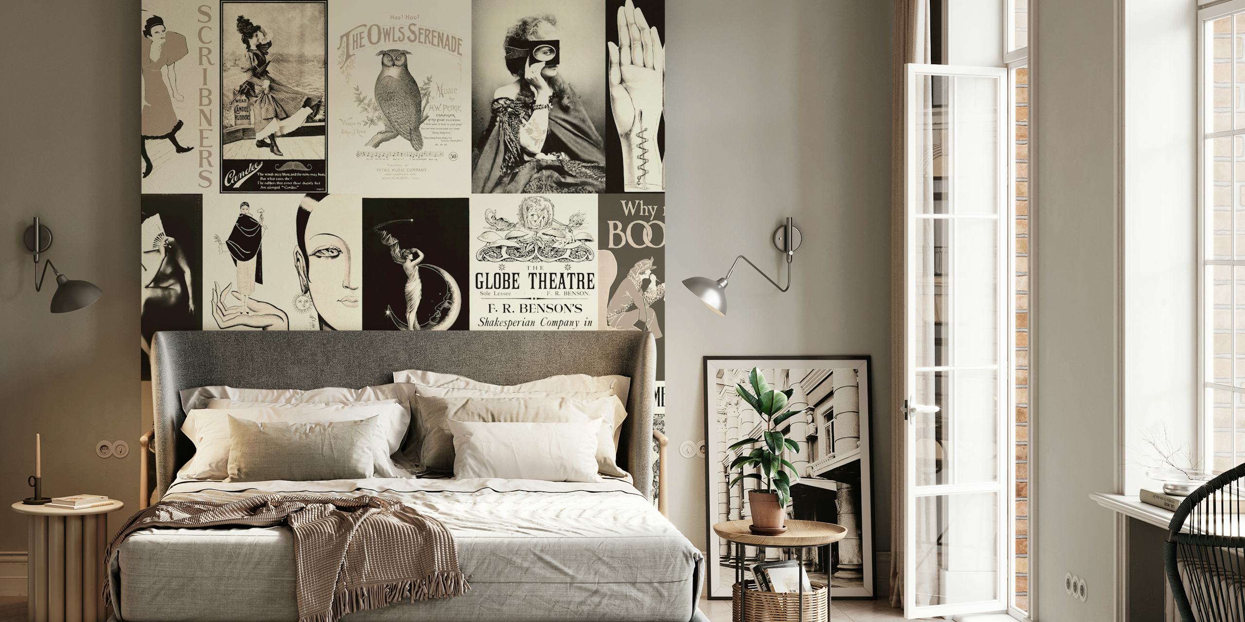 Vintage Schwarz-Weiß Tapete mit verschiedenen klassischen Kunstmotiven