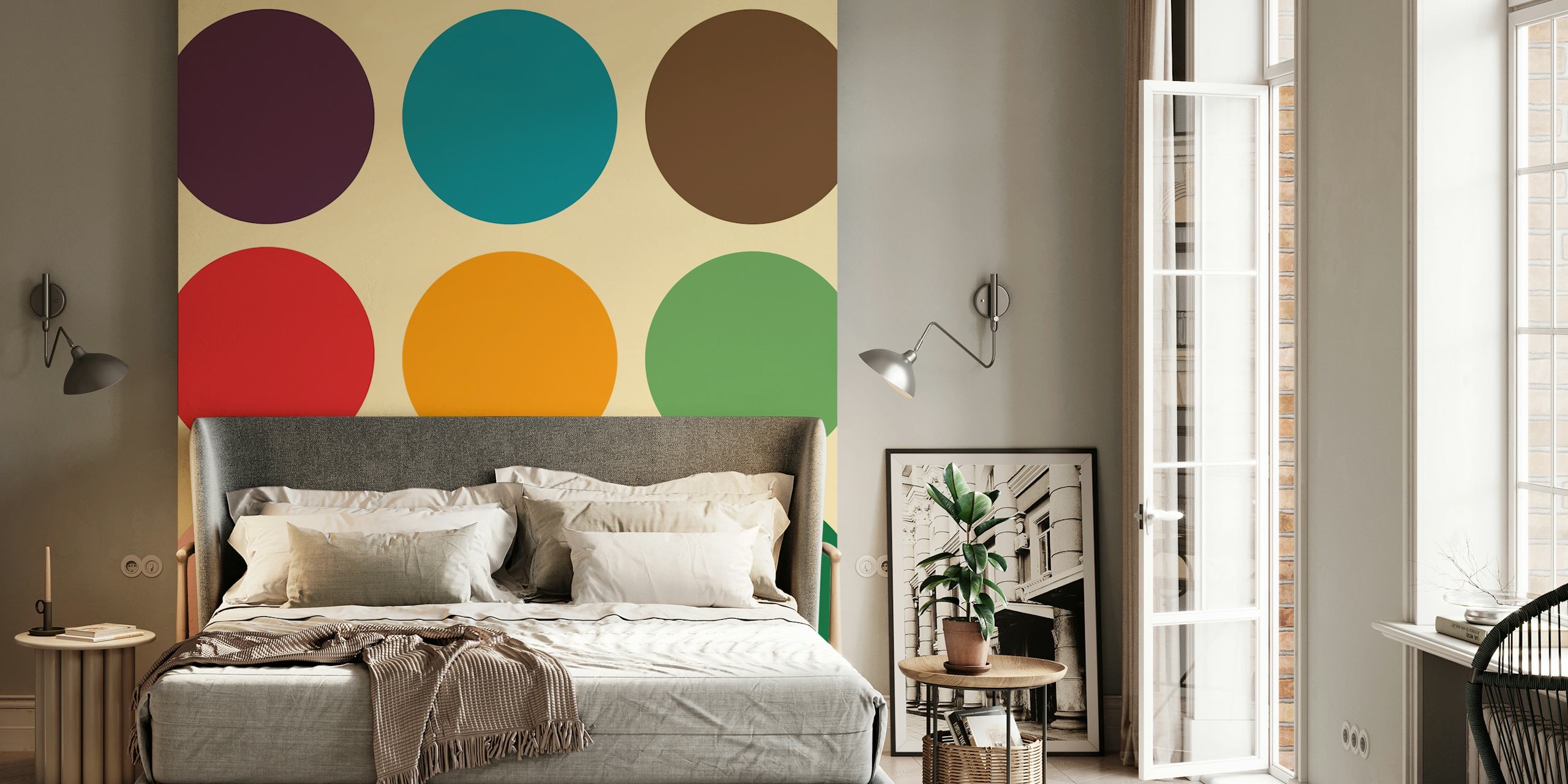 Colorful polka dots in various shapes on a light background wallpaper