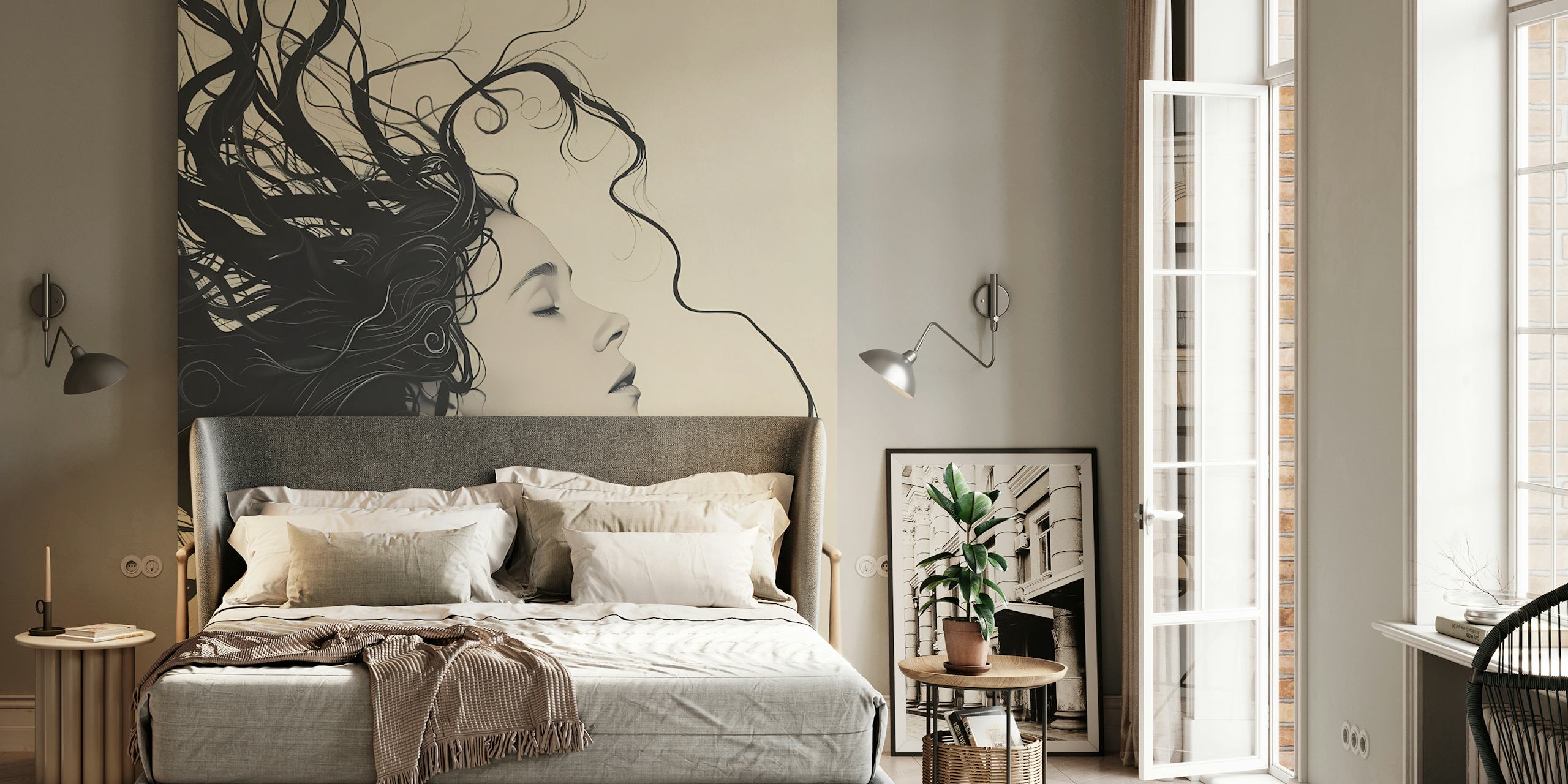 Profile of a woman with flowing hair in black and white wallpaper