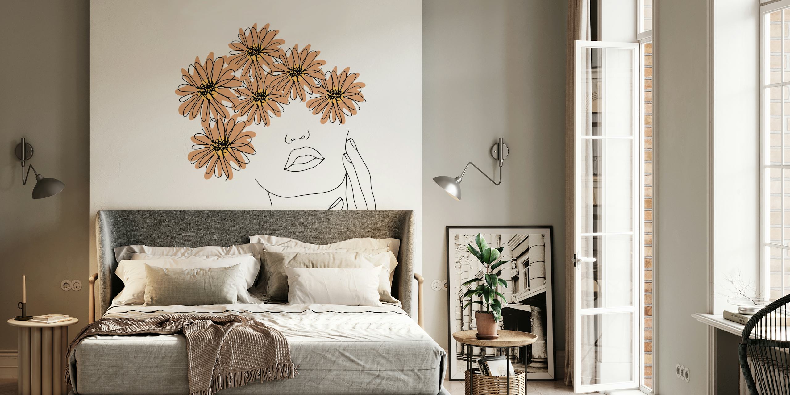 Woman with flowers line art wallpaper display