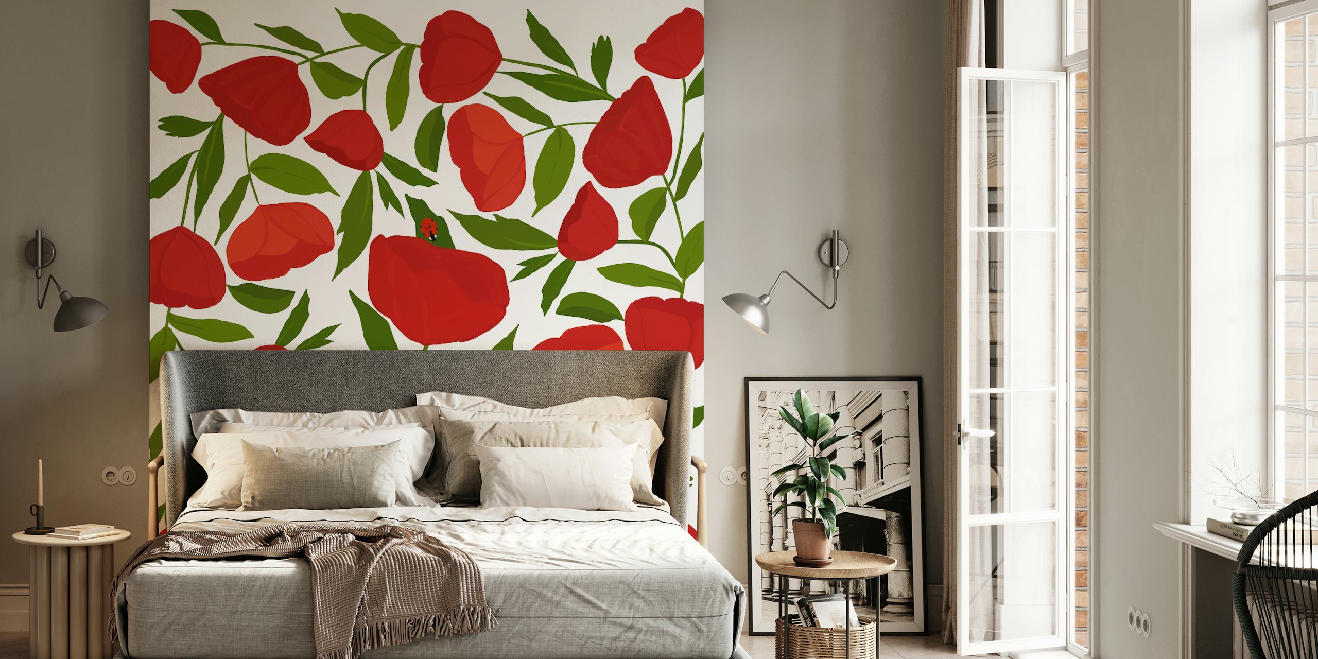 Red poppy flowers with green leaves wallpaper