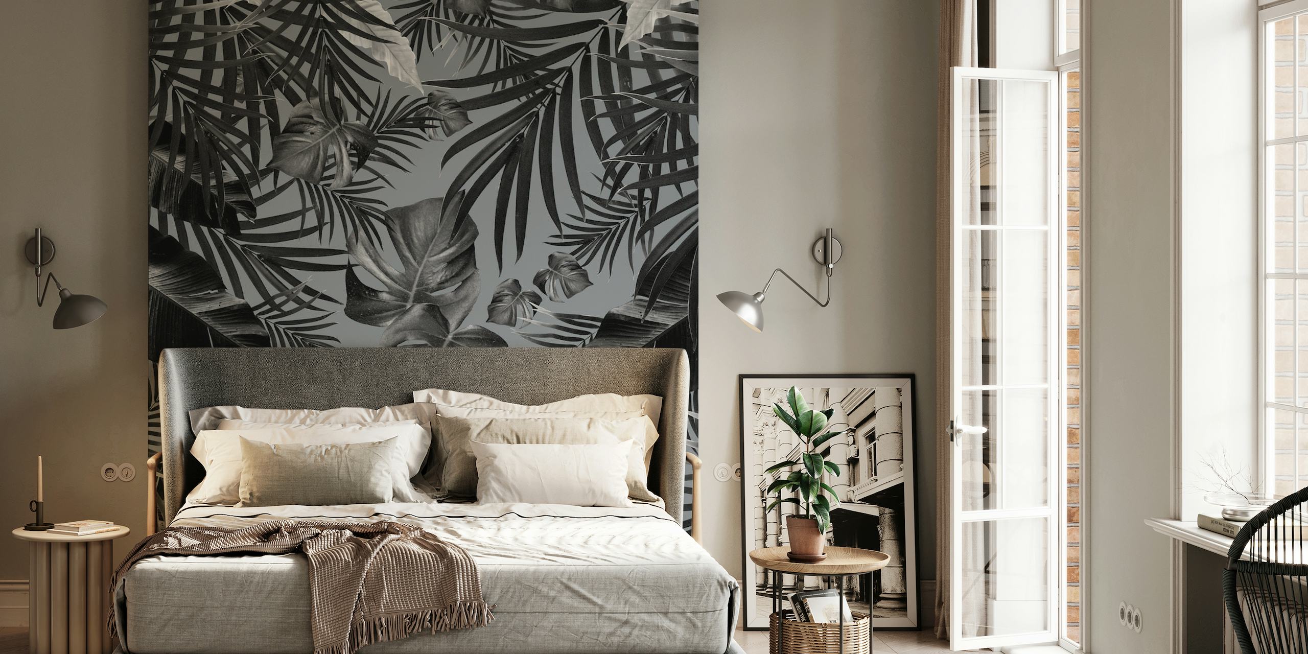 fotomural vinílico de parede monocromático com padrão de folha tropical para decoração de interiores