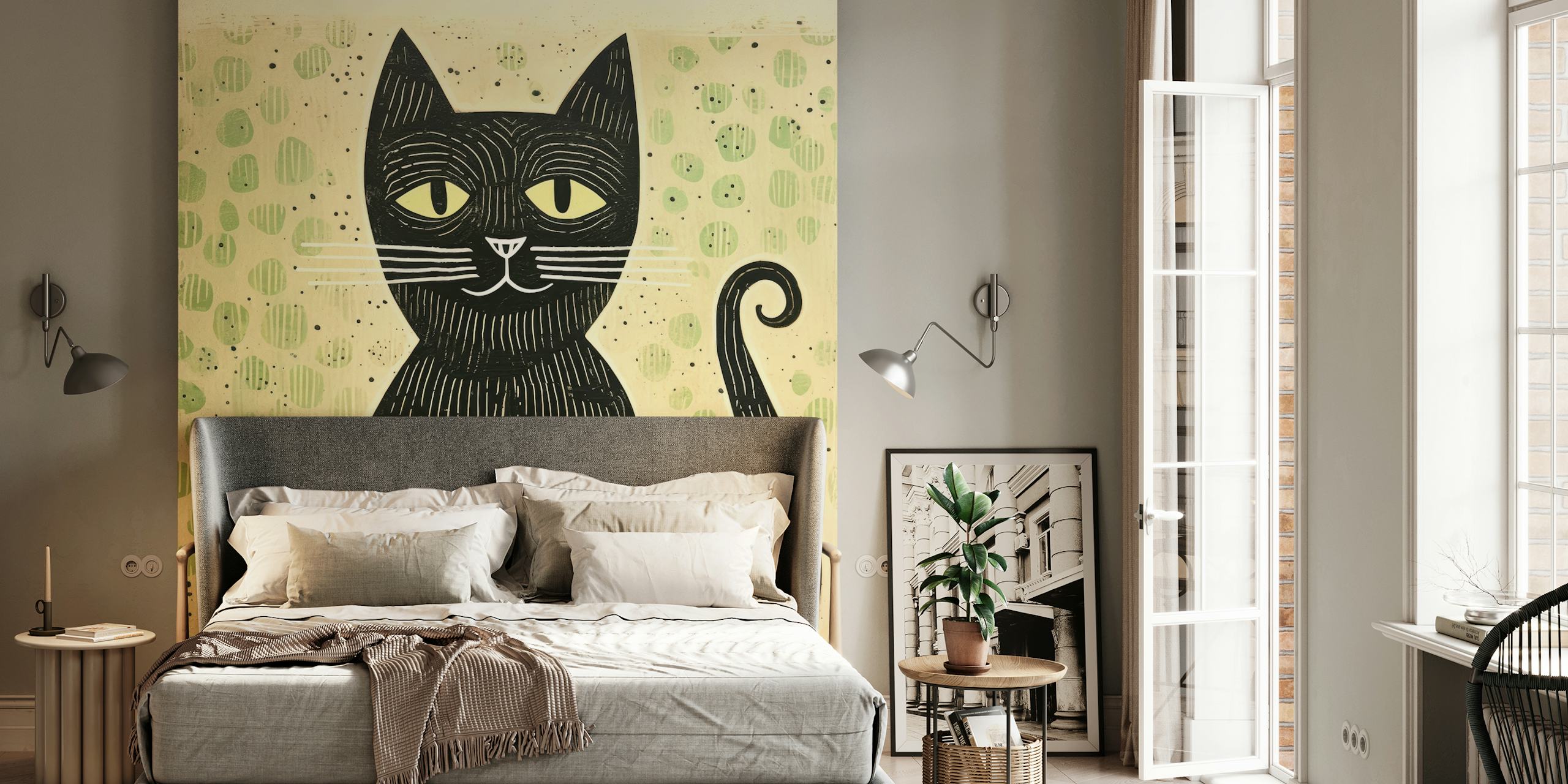 Zelená Green Cat in Folk Art tapeta v pokoji