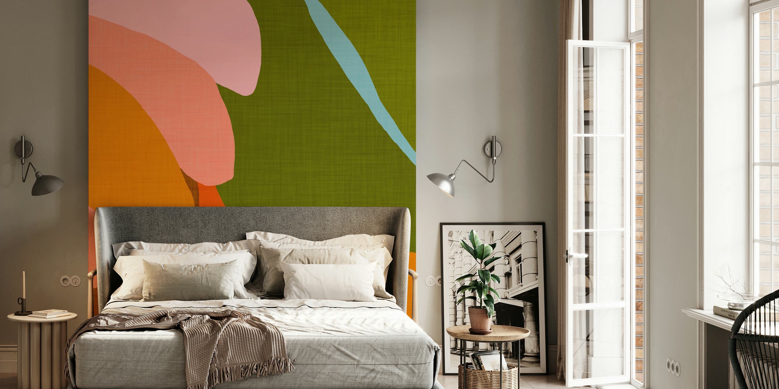 Colorful abstract floral pattern with pink and green shapes wallpaper