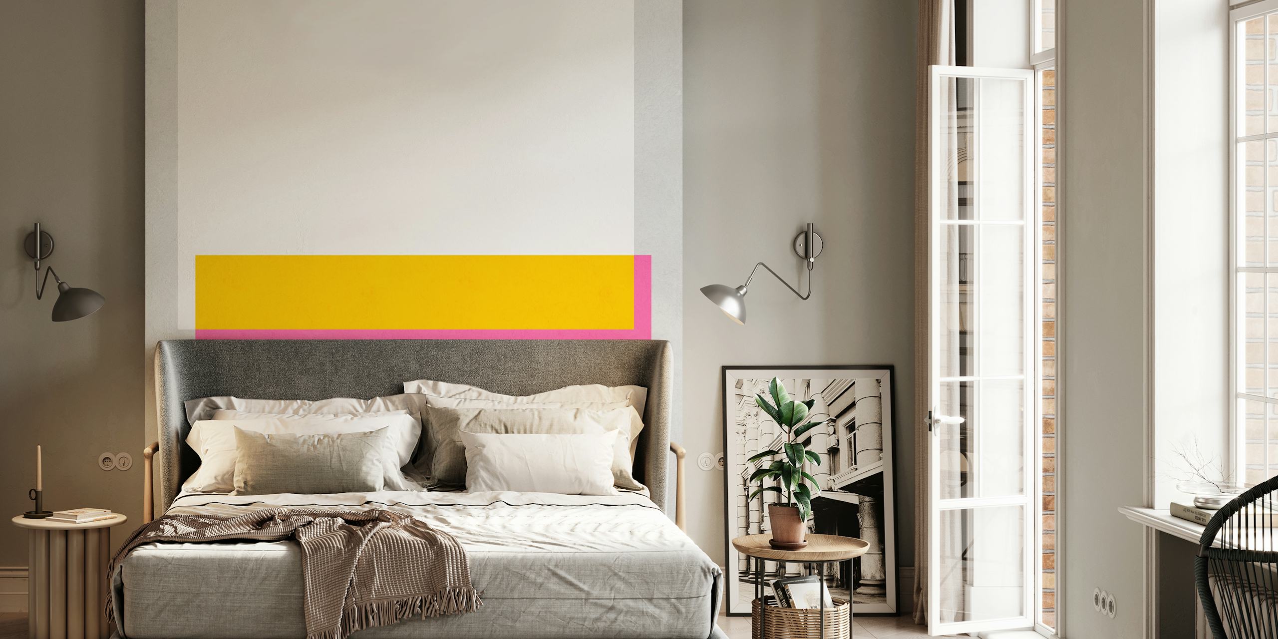 Geometric shapes in pink, yellow, and white on a textured wallpaper