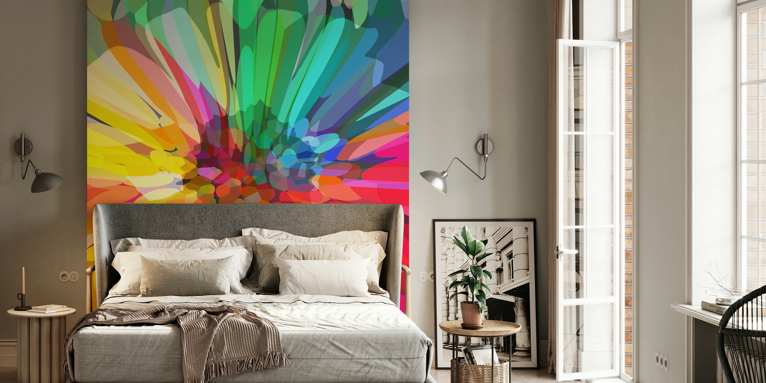 Colorful flower pattern in vibrant hues of yellow, pink, green, and blue wallpaper