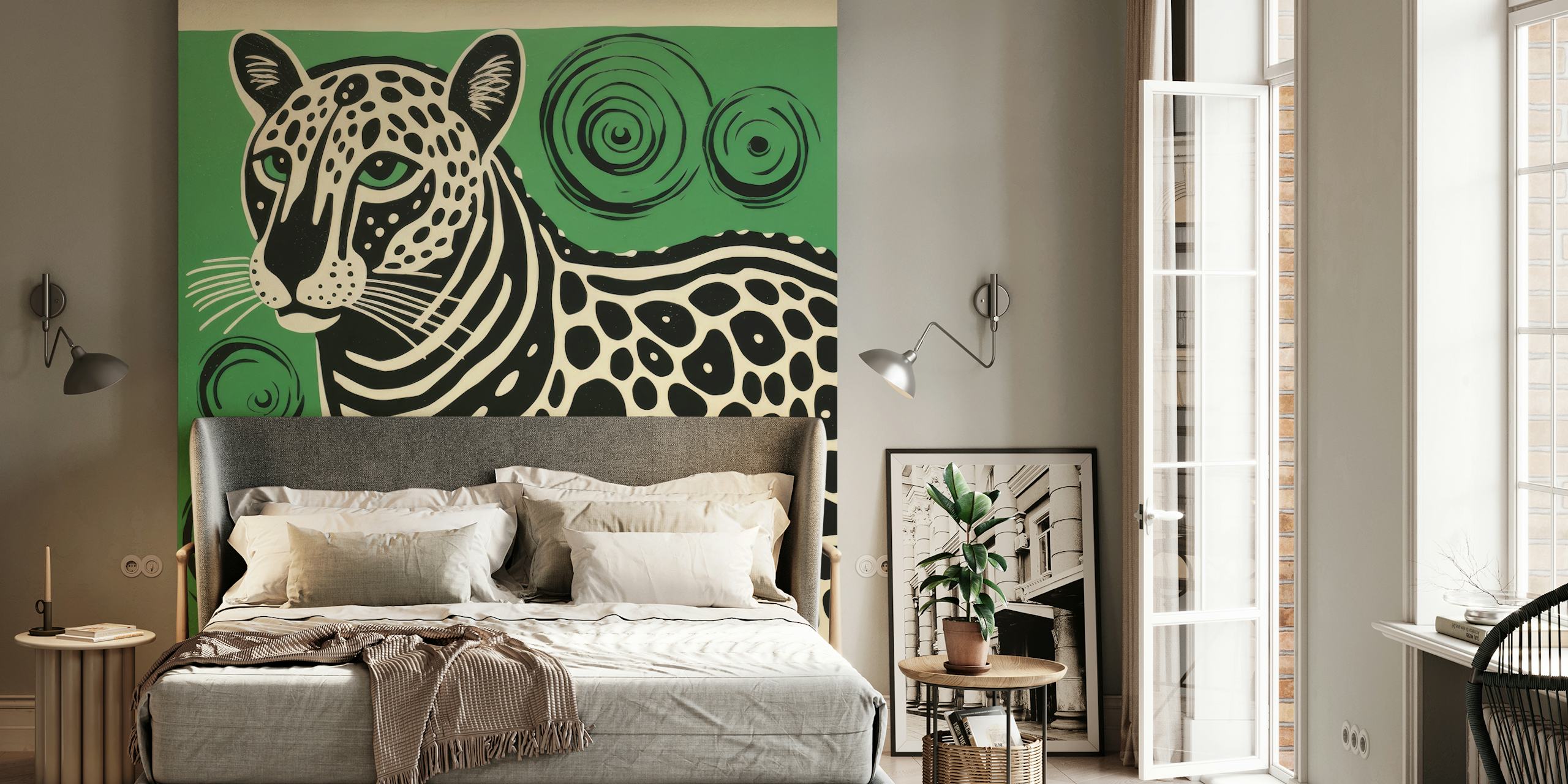 Folk Art Cheetah papel de parede em um quarto