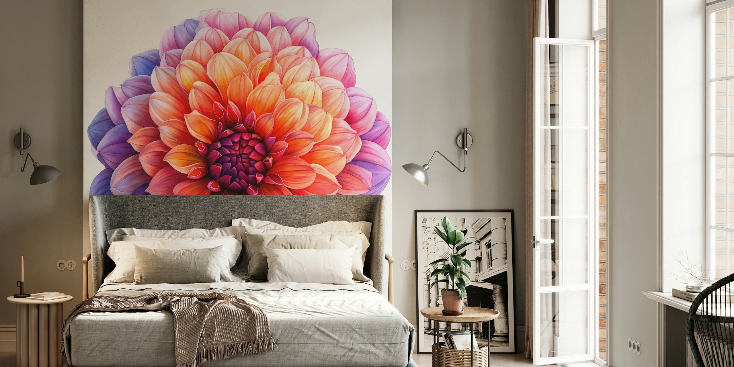 Colorful dahlia flower design in orange and purple tones wallpaper