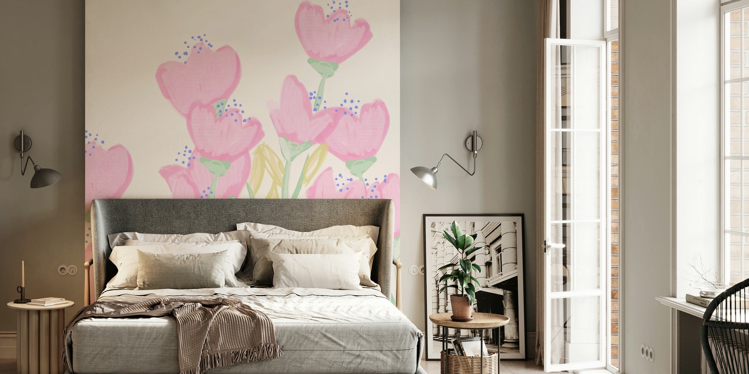 Handgemaltes Wandgemälde mit pastellrosa Rosenblüten auf einem weichen Hintergrund