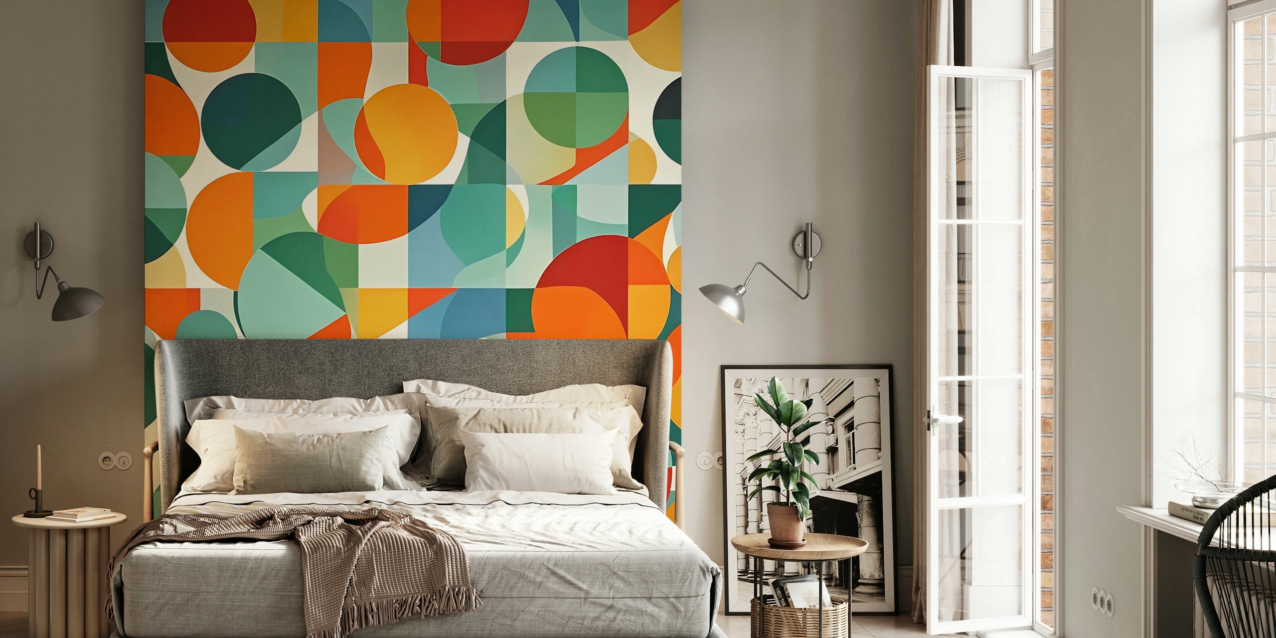 Playful geometric mosaic wallpaper w pokoju