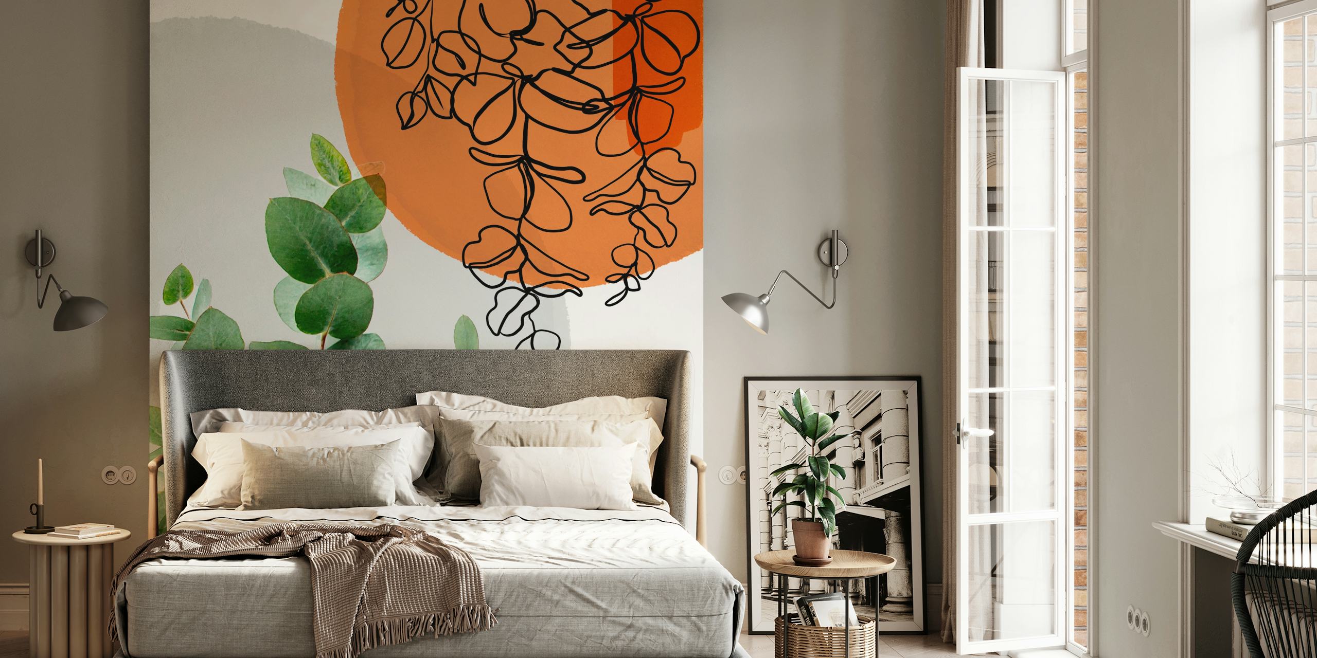 Eucalyptus leaves on smooth grey background with orange circles and black line art wallpaper